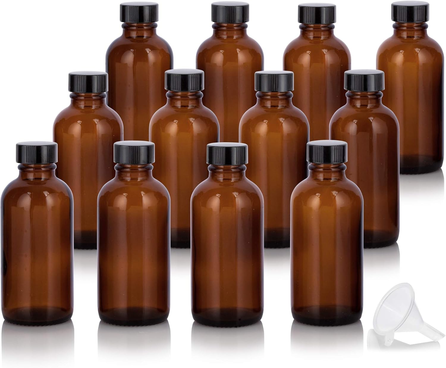 JUVITUS 2 oz Amber Glass Boston Round Bottle with Airtight Phenolic Cap (12 Pack) + Funnel