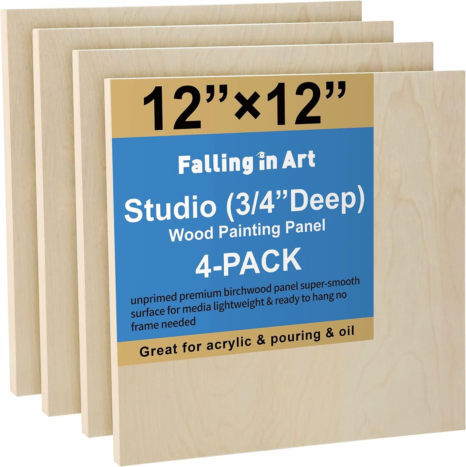 Falling in Art Unfinished Birch Wood Canvas Panels Kit, 4 Pack of 12x12’’ Studio 3/4’’ Deep Cradle Boards for Pouring Art, Crafts, Painting and More
