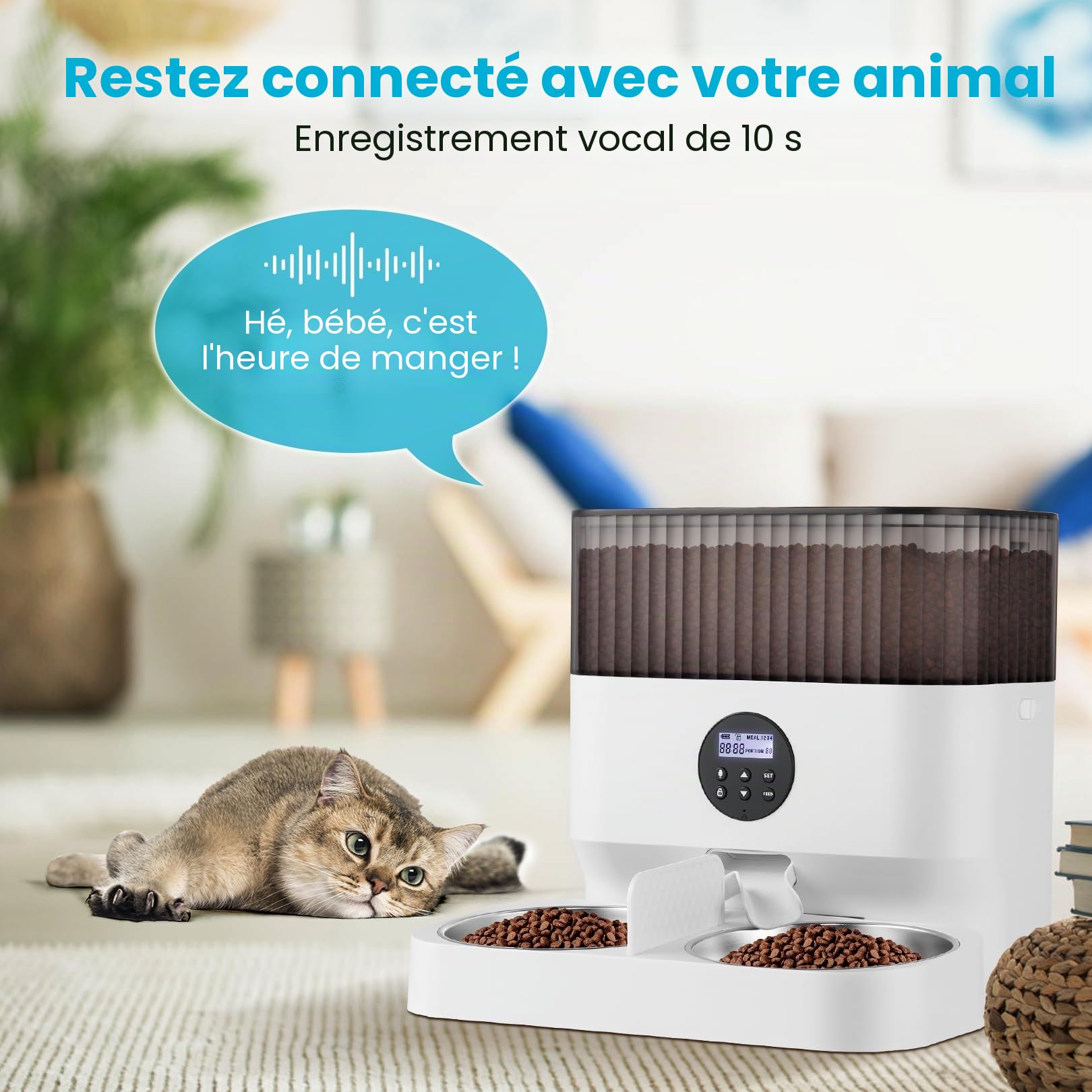 Sailvono Distributeur Automatique de Nourriture pour Chat 5 l avec 2 gamelles, Distributeur de Nourriture Intelligent pour Chat/Chien, enregistreur Vocal, avec 2 Bols en Acier Inoxydable, Blanc