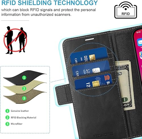 Miniatura 3 de KEZiHOME Funda tipo cartera compatible con iPhone 15 Pro Max, piel auténtica bloqueo RFID para iPhone 15 Pro Max, ranura para tarjetas, soporte