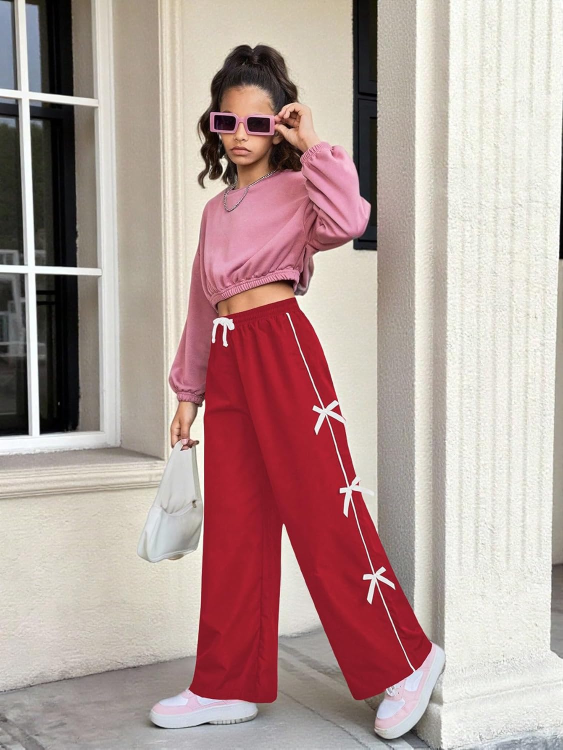 WDIRARA Girl's Bow Side Waist Track Pants Cute Wide Leg Trousers