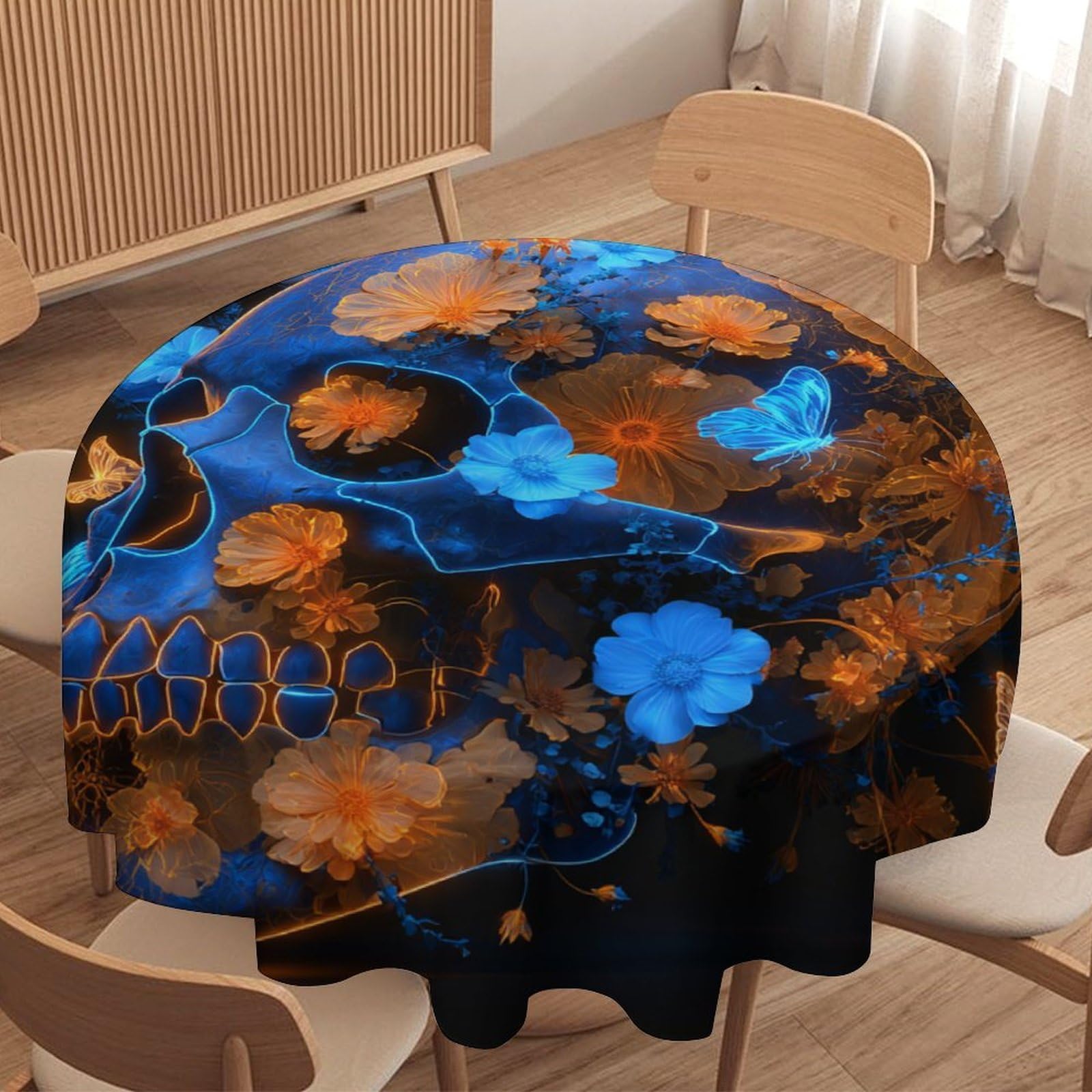 LUYYSKY Modern Aesthetic Gothic Skull Round Tablecloth Colorful Funny Skull Skeleton Daisies Floral Animal Butterflies Washable Decor for Table Cover for Kitchen-127 Wx127 L cm