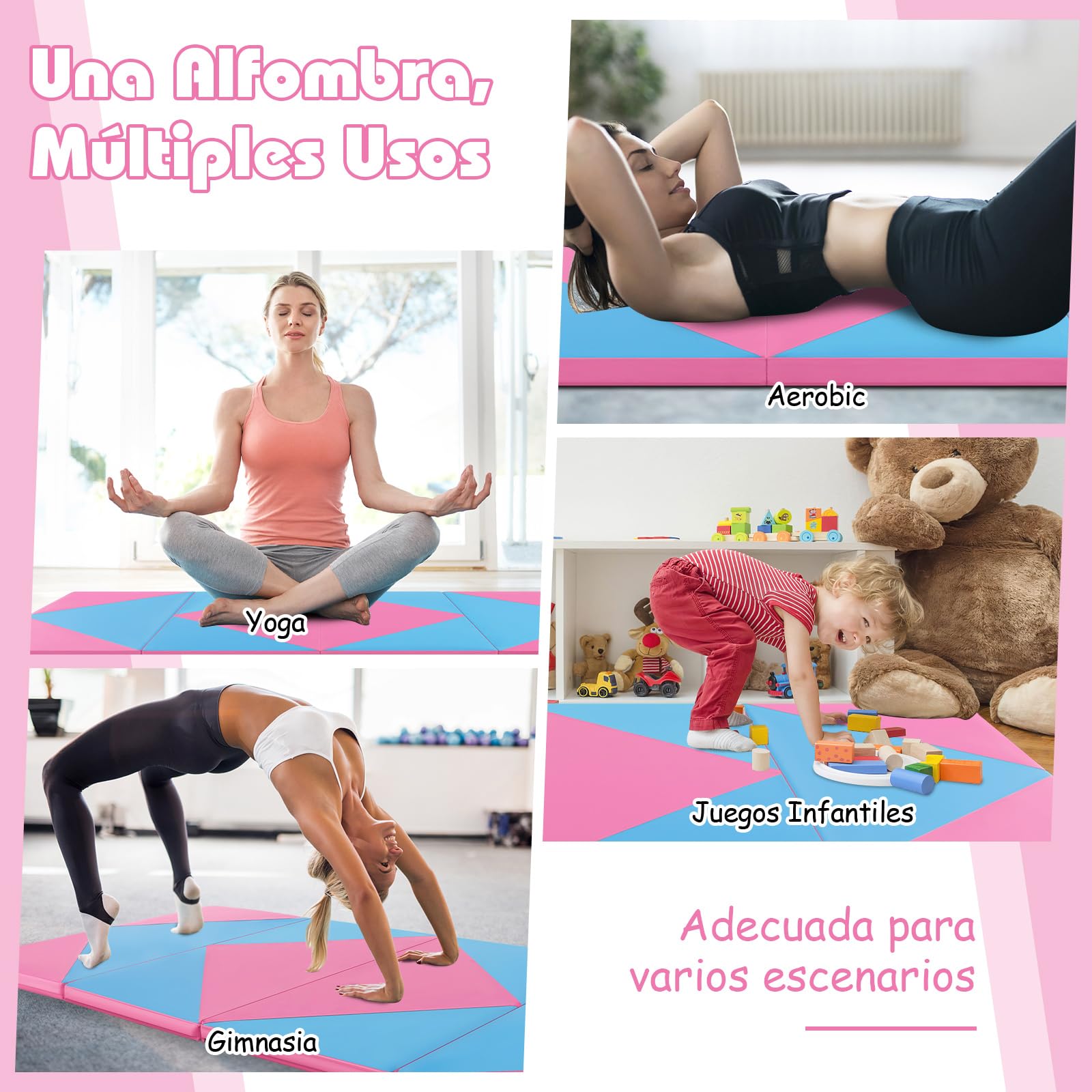 GOPLUS Colchoneta de Gimnasia Plegable, 240x117x5cm, Esterilla de Entrenamiento de Cuero Artificial con Asas de Transporte, Alfombra de Suelo para Fitness Yoga (Azul+ Rosa)