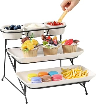 3-Tier White Ceramic Serving Tray with Black Metal Stand, Porcelain Dessert Platters & 3 Small Bowls for Party, Tiered Fruit Tray Stand for Serving Food 1 Stand + 2 Plates + 3 Bowls