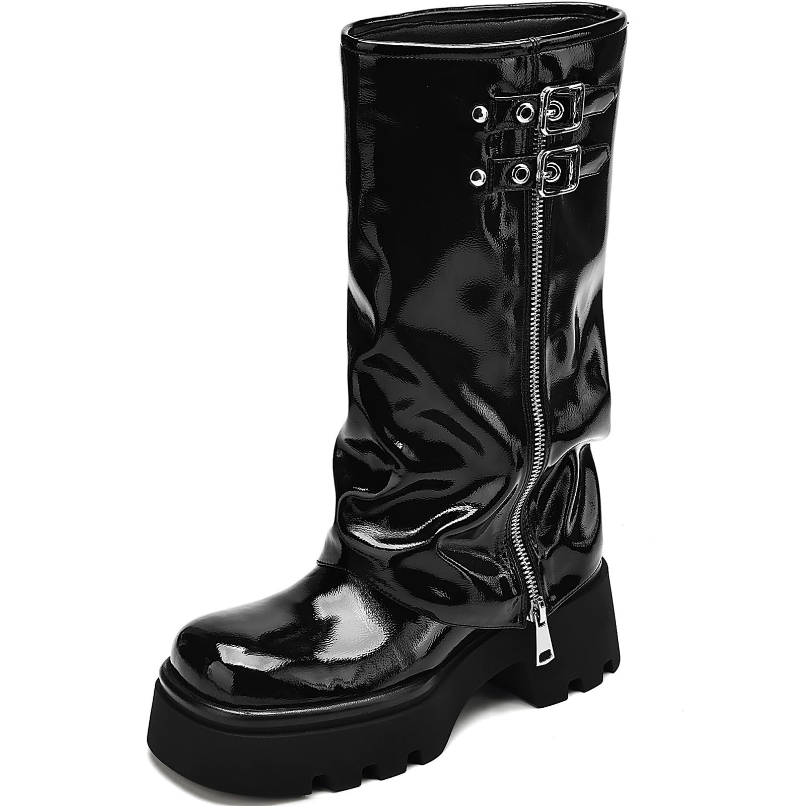 TEAIEUI Knee High Boots Women Chunky Platform Moto Riding Boots Slouchy Fold Over Wide Calf Motorcycle Biker Boots for Women with Fashion Buckle