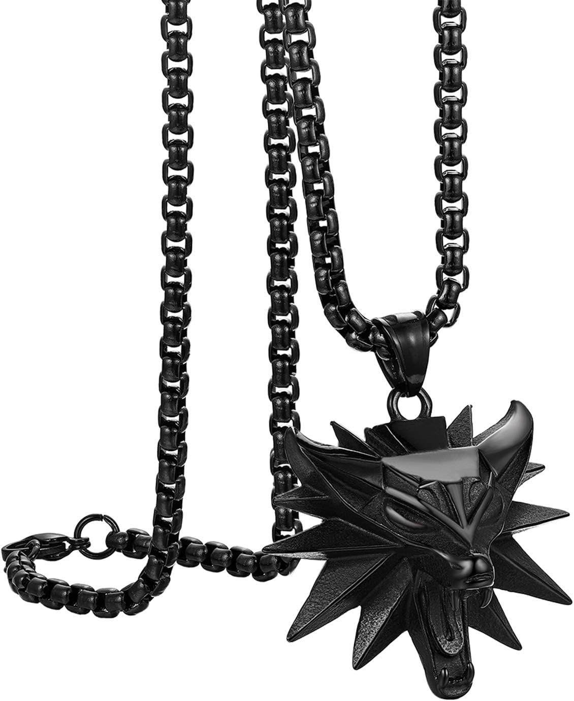 Flongo Wolf Necklace Men’s with Wolf Head Wolf Paw Pendant Viking Necklace Medallion Silver Black Gold Byzantine Chain Amulet Stainless Steel Men’s Jewellery Punk for Men Women