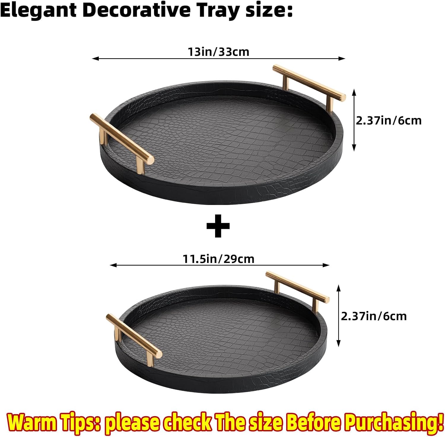 Decorative Serving Trays, Set of 2 Wood Modern Crocodile Leather Round Tray with Polished Metal Handles, Decorative Trays Coffee Table Tray Ottoman Platter for Home Decor (Black)