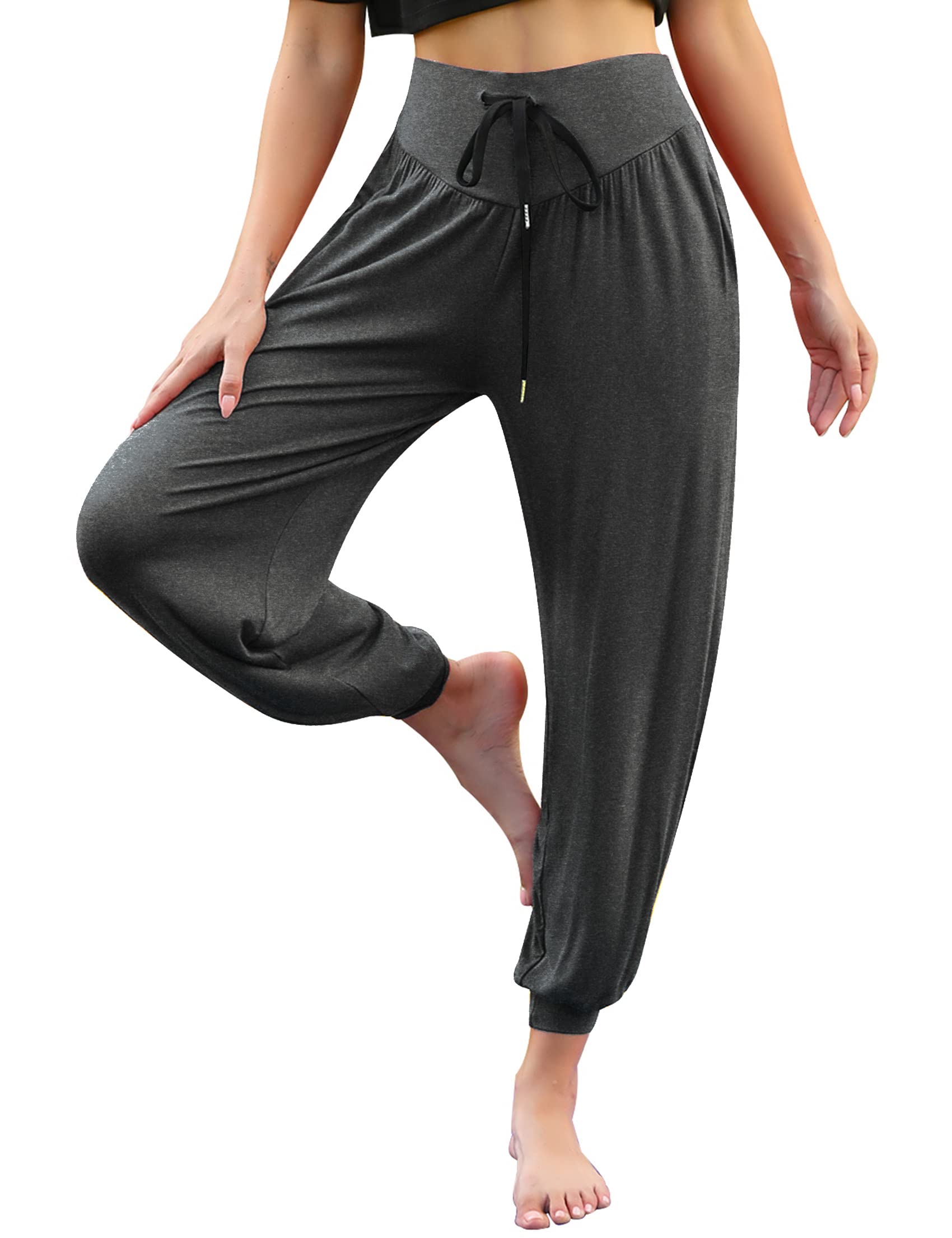 Terecey Yogahose Damen Lang Haremshose Sommer Leicht Pumphose Ballonhose Pluderhose Locker Freizeithose Jogginghose Yoga Hose mit Taschen S-XXL