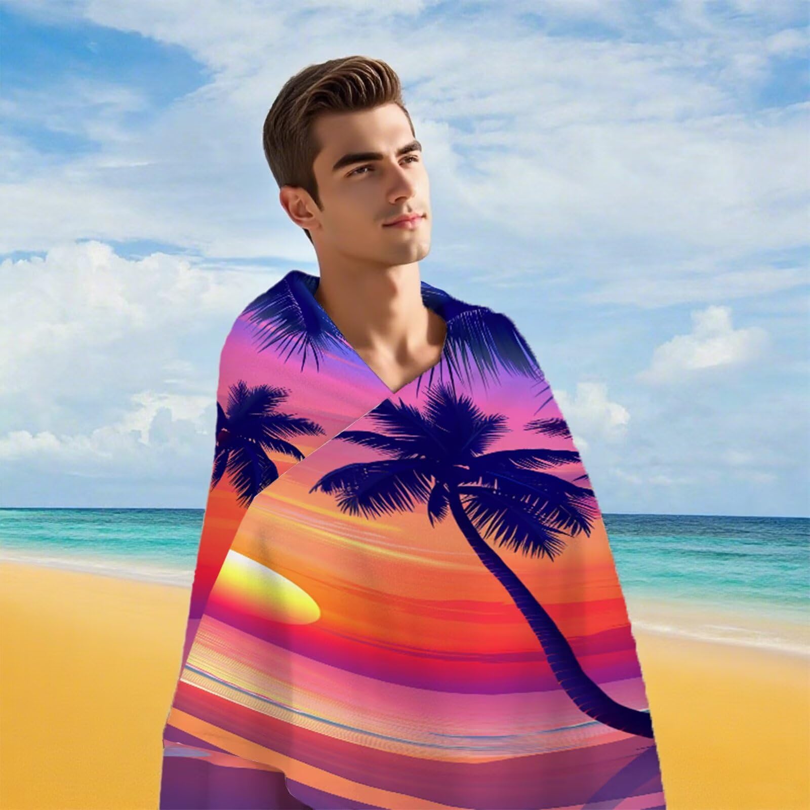 Strandtuch Sommersonnenaufgang Mikrofaser Handtuch Groß 220 x 100 cm, Saunahandtuch Schnell Trocknendes, Sandfreie Stranddecke, Saugfähiges Badetuch, Platzsparende Reisehandtuch, Sauna Zubehör Y1-811