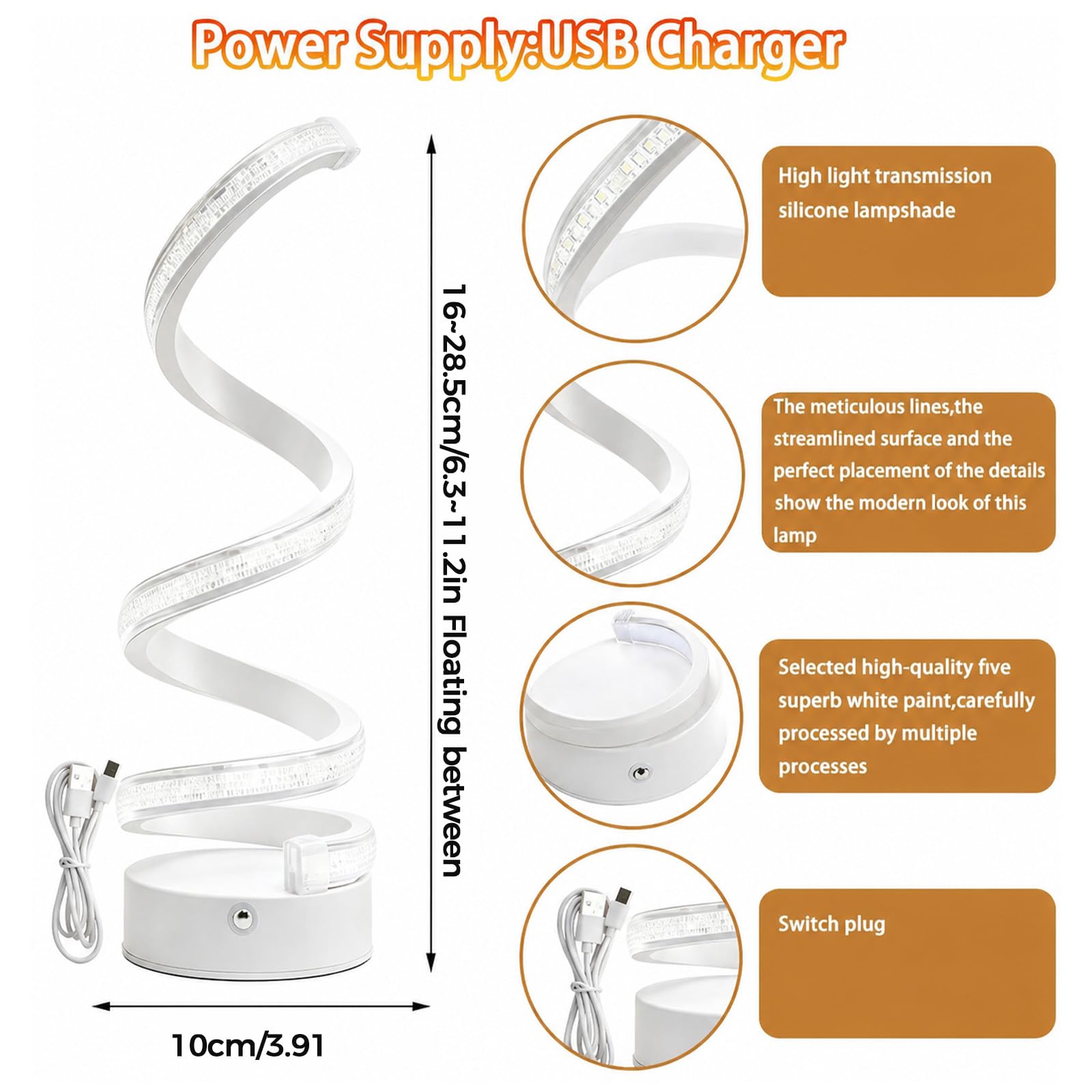 Set 2 Lampade da Tavolo LED a Spirale USB, Autonomia Wireless | ABS, Per Camera e Soggiorno, Touch Dimmer, 3 Temperature Colore, USB-C