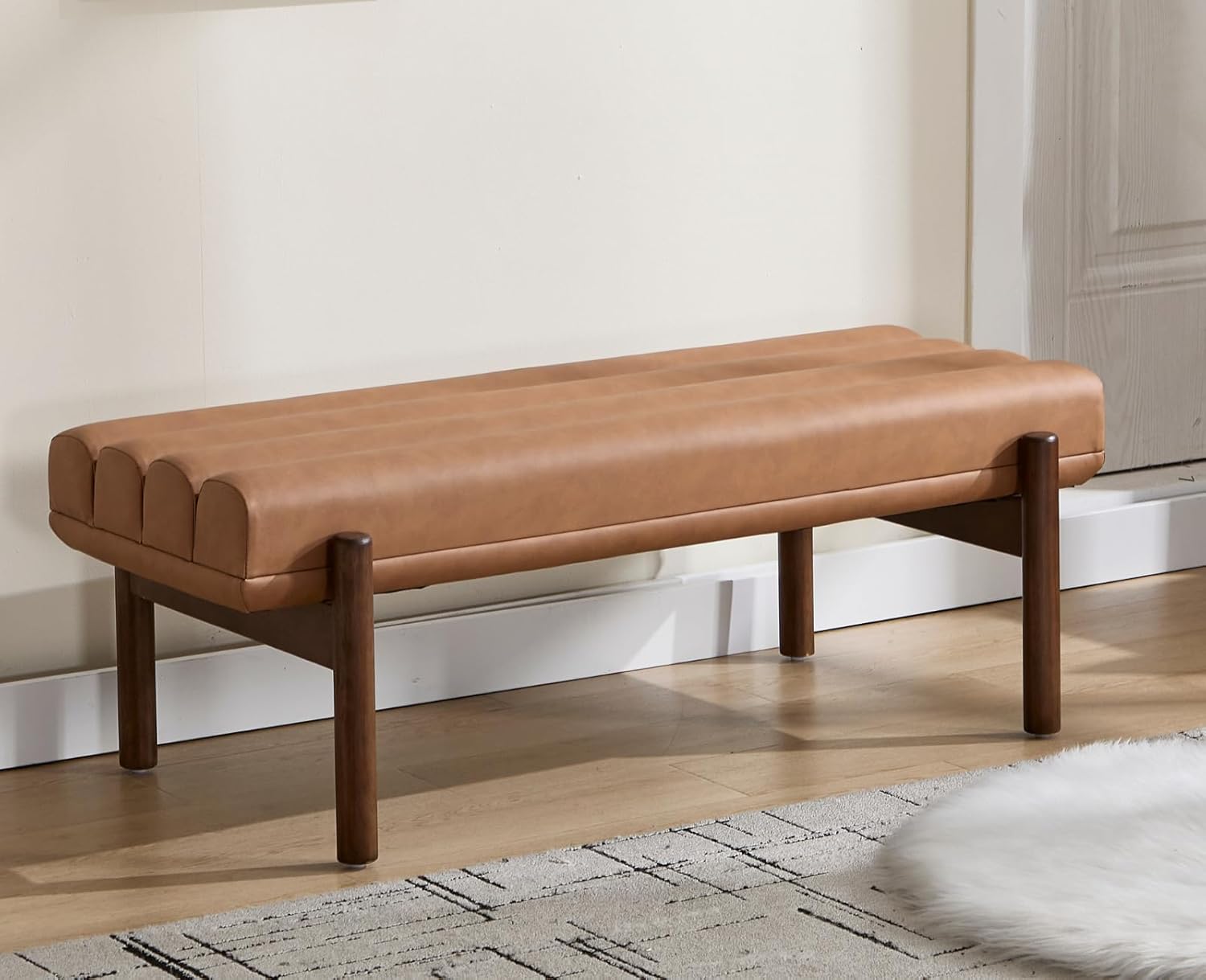 EALSON 47 Inch Entryway Bench Fabric Upholstered End of Bed Bench Modern Bedroom Bench with Cylindrical Cushion and Solid Wood Frame Comfy Chenille Long Ottoman Bench for Bedroom Living Room, Brown