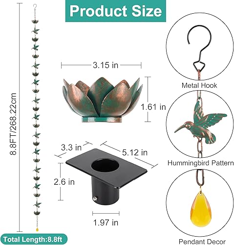 Miniatura 3 de shumi Cadena de lluvia de 8.8 pies para canalones exteriores, cadena de lluvia de colibrí con 12 copas de cadena de lluvia de loto de cobre,