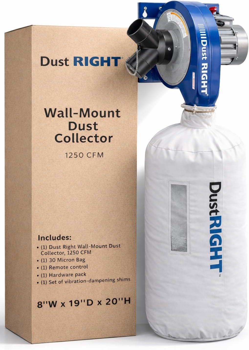 Dust Right Wall Mount Dust Collector – 1250 CFM Powerful Air Filtration System w/Remote & Y-Adapter – Space Saving Portable Woodworking Tool for Wood Shops, Homes, or More
