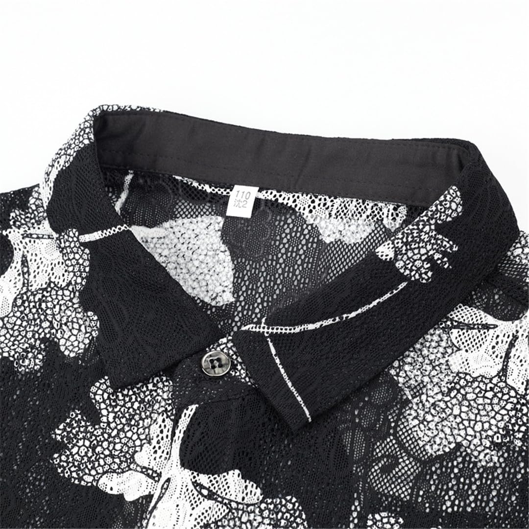 Yeuyyben Camicia da Uomo Sexy in Maglia Floreale Trasparente Camicia Estiva A Maniche Corte Scava Fuori Camicie Slim Fit Nightclub Party Top Trasparente