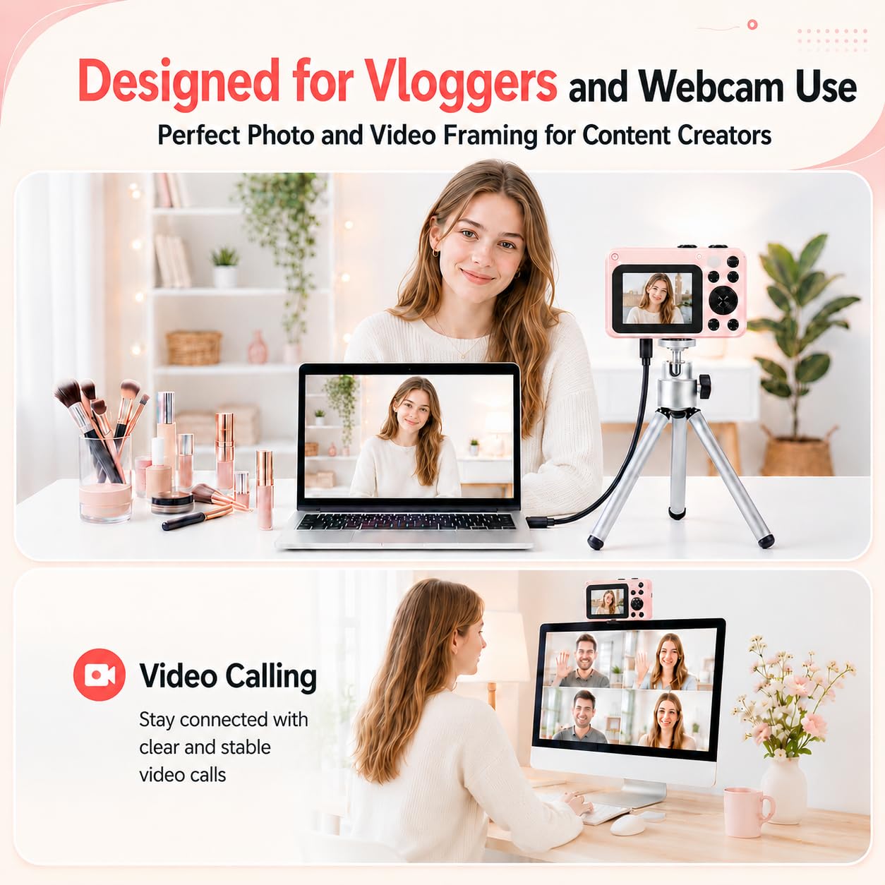 Digitalkamera 4K 64MP Vlogging Fotokamera Kompaktkamera 18X Digitalzoom Kamera mit 2 Bildschirme, Beauty Licht, 32GB SD Karte für Teenager Anfänger (Rosa + Beauty-Licht)