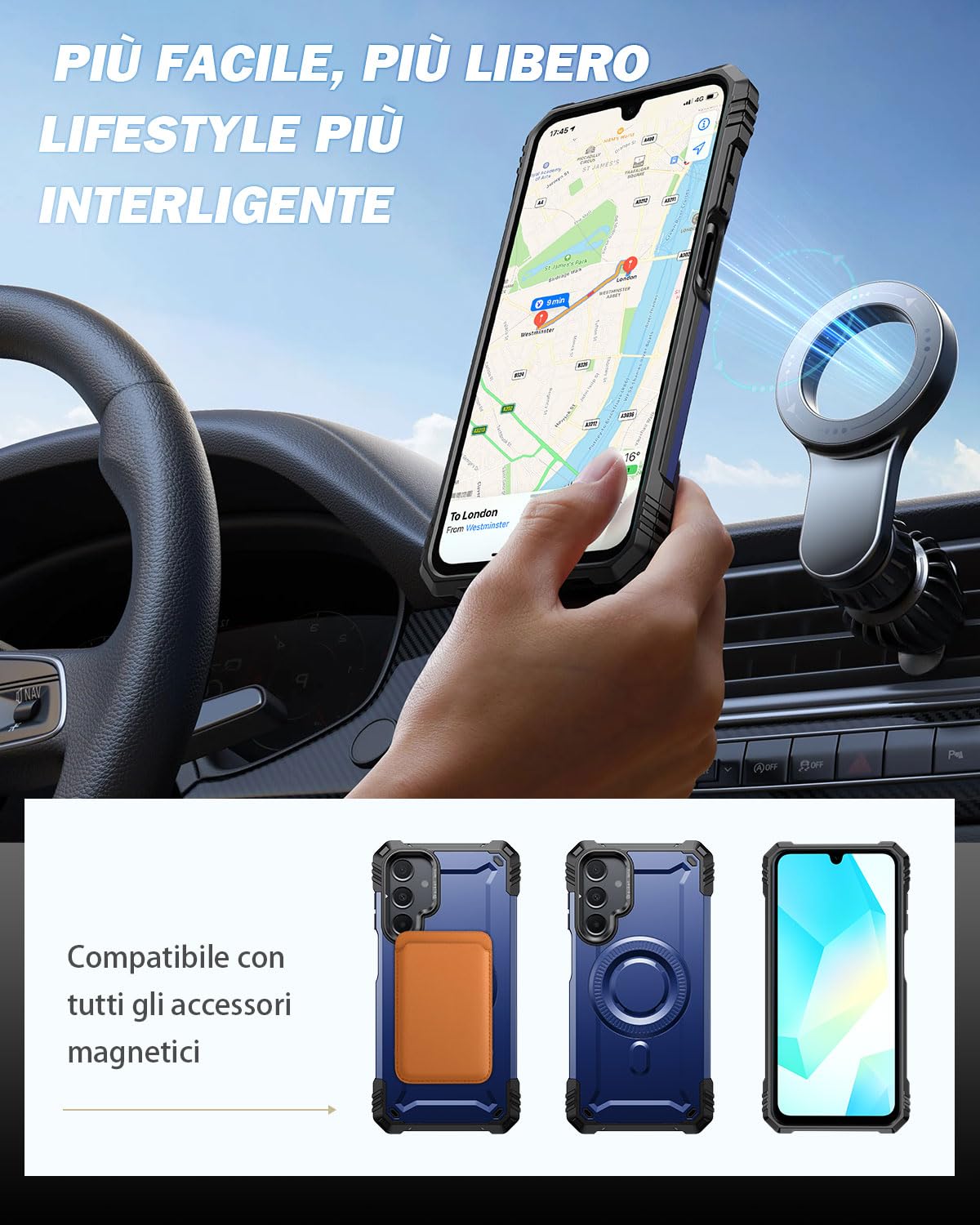 Lanhiem Caso per Samsung A16 5G / 4G Magsafe con Supporto Protezione Completa del Corpo a 360°con 2 Vetro Temperato, Militare 14FT Antiurto Resistente, Custodia per Samsung Galaxy A16 5G / 4G, Blu