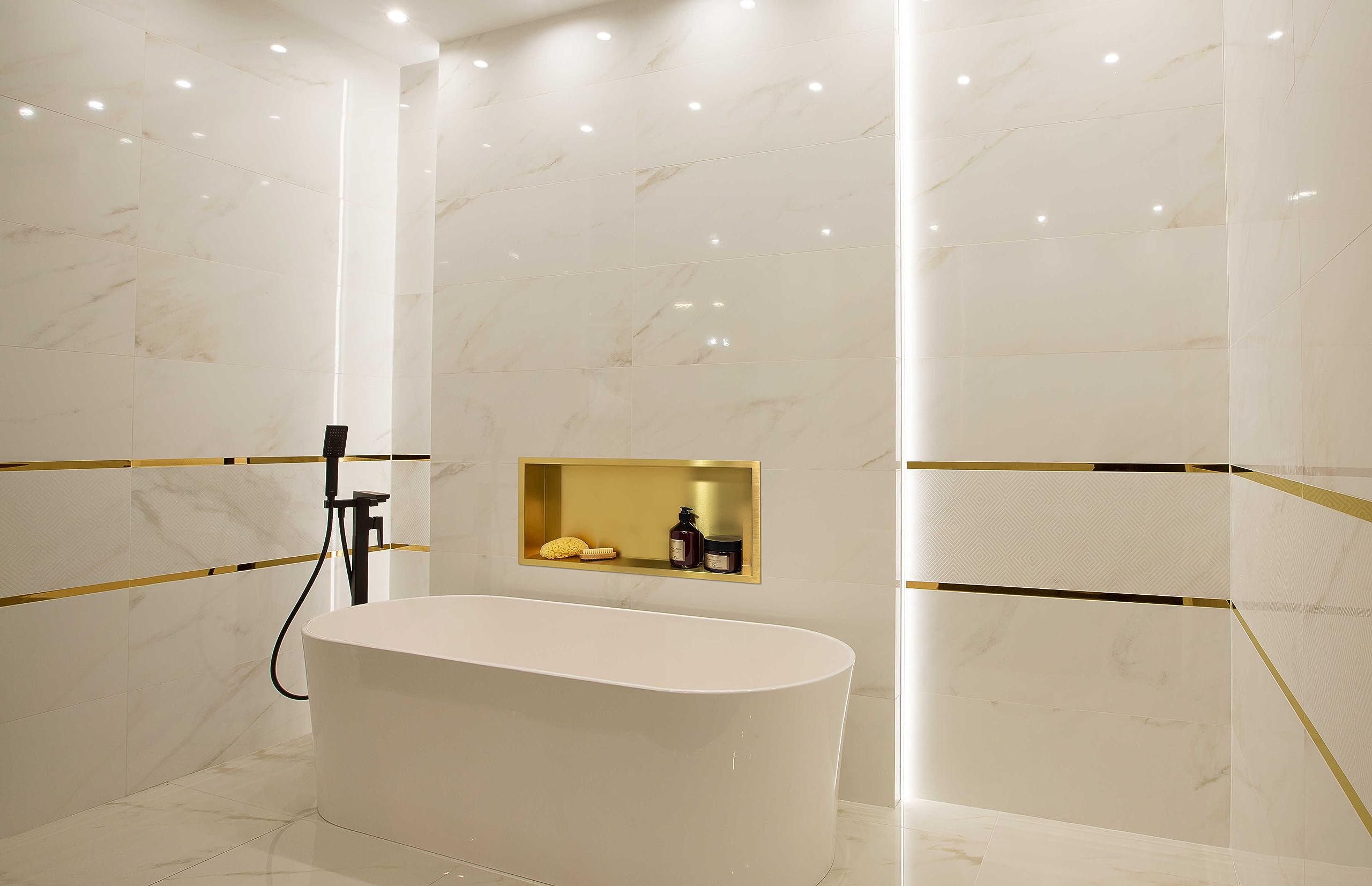 Wall-Box One Gold Nicho de Acero Inoxidable 60x30x7cm, Dorado, Nicho de Ducha de Pared, Impermeable, Instalación Flexible, para Utensilios de Baño, sin Azulejos