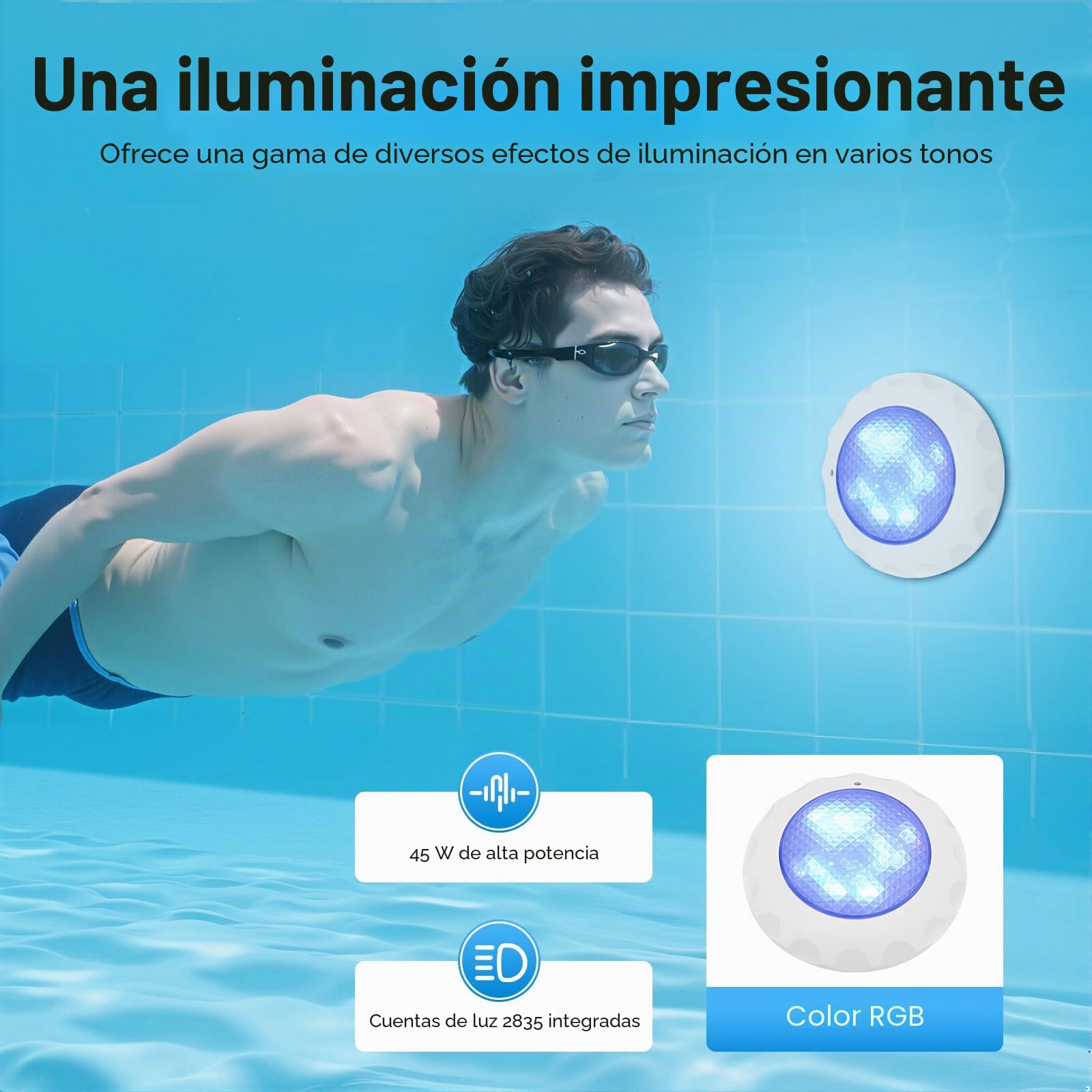 Foco led Piscina RGB Piscinas Lámpara 45W con Mando a Distancia,12V Universal Luces led Piscina IP68 Impermeable Luces Piscina,Foco Piscina Sumergible 7 Colores Diferentes