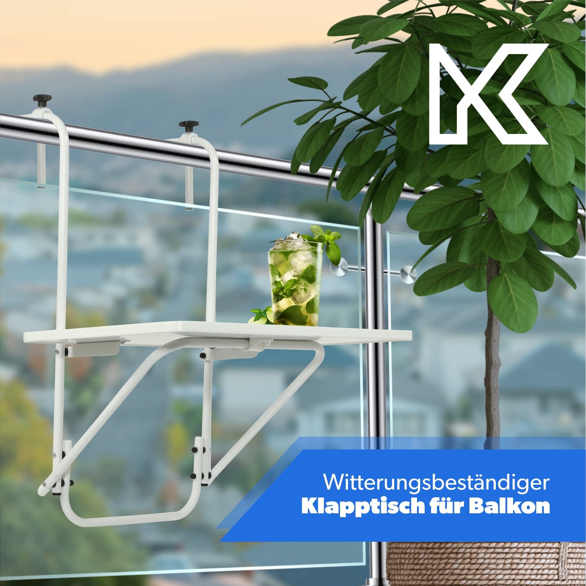 KADAX Hängetisch, Witterungsbeständiger Klapptisch für Balkon, Verstellbarer Balkonhängetisch, Balkontisch zum anhängen, klappbarer Tisch (40 x 60 cm, Weiß)