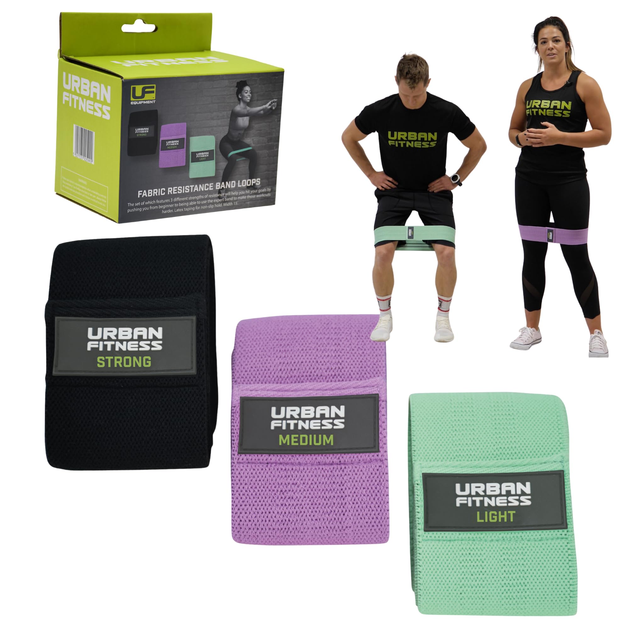 Urban Fitness Unisex (Set 3) Urban Fitness Fabric Resistance Band Loop Set of 3 15 Inch, White, One Size UK