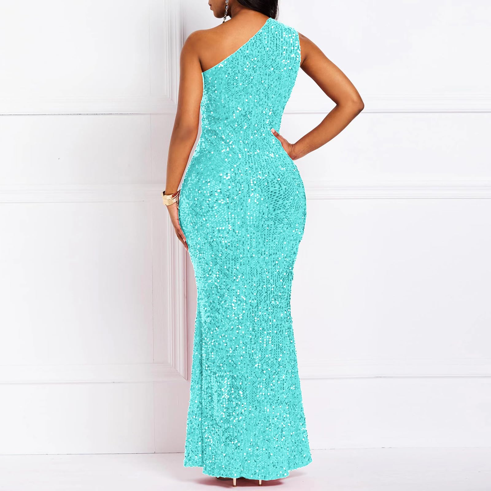 VERWIN Sequins Fashion Sleeveless Oblique Collar Mermaid Women's Maxi Dress Bodycon Dress Party Dress