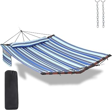 TegerDeger 12FT 2 Person Hammock with V Shaped Spreader Bar -Blue Stripes