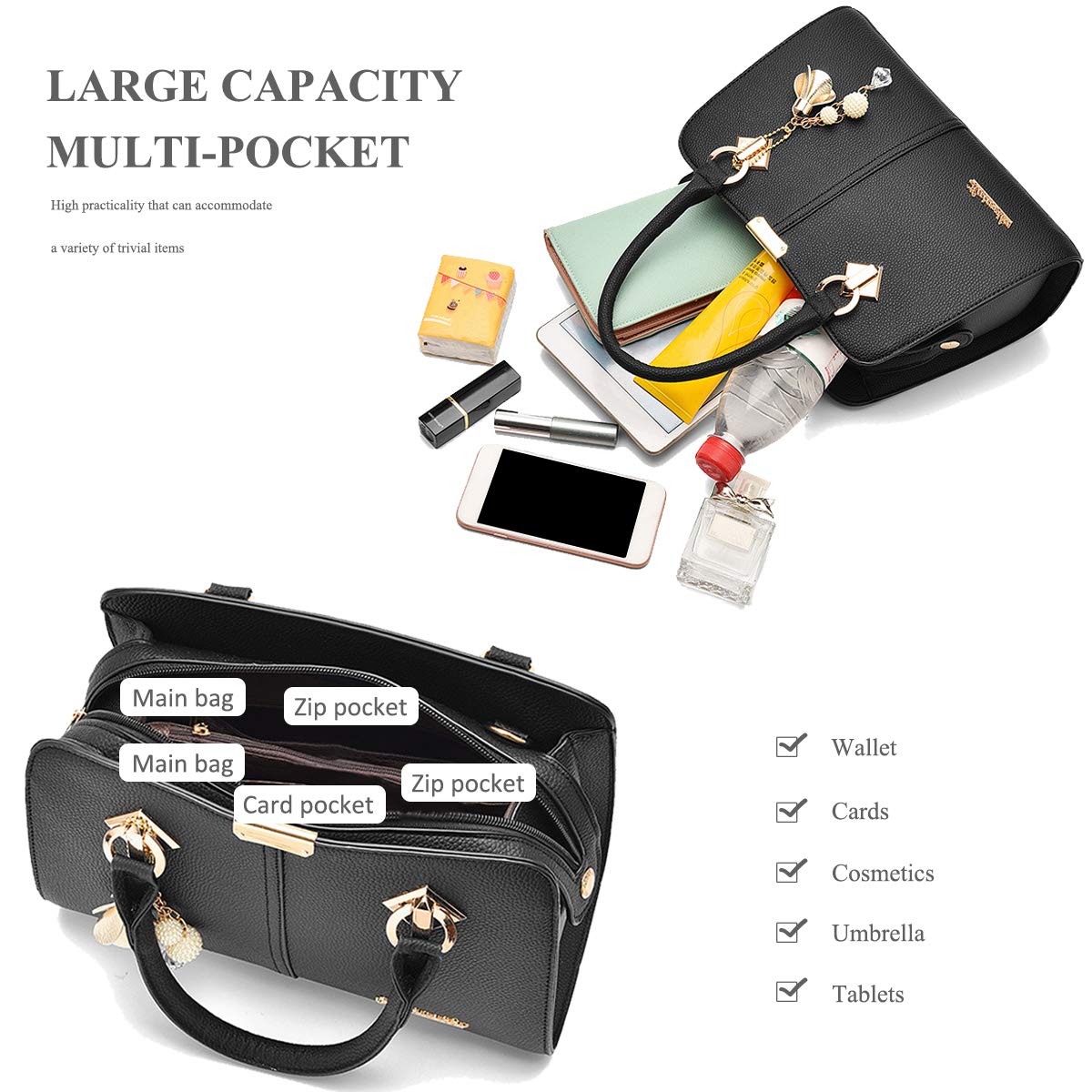 NICOLE&DORIS - Bolsos de mano para mujer, con asa superior, bolso cruzado para mujer, piel sintética, borlas de metal de cristal