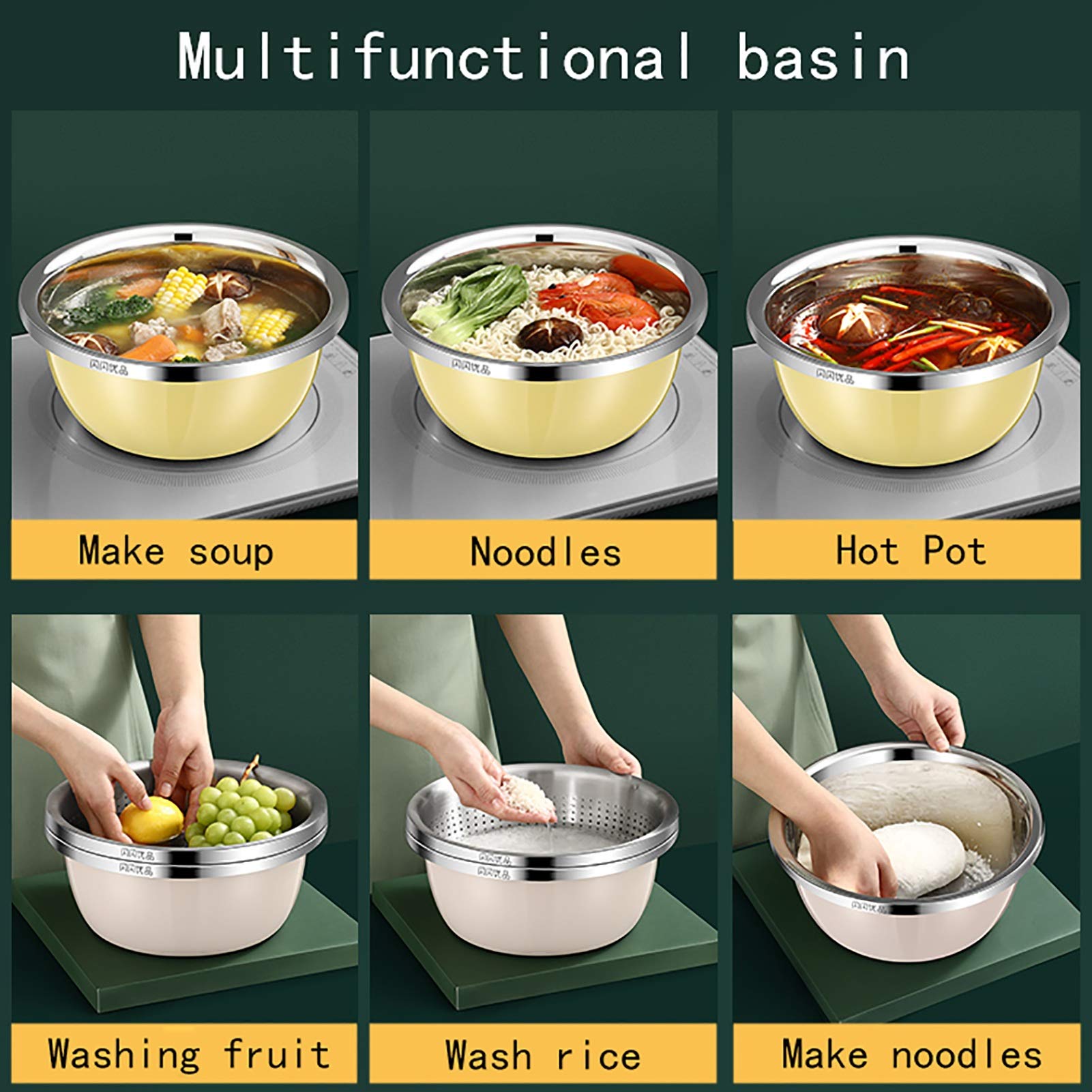 Cuencos para mezclar (juego de 5) Cuencos para mezclar de acero inoxidable, lavabo para sopa de calidad alimentaria 304 （con desagüe）, lavabo para lavar verduras, 4 ollas para sopa + 1 recipiente pa