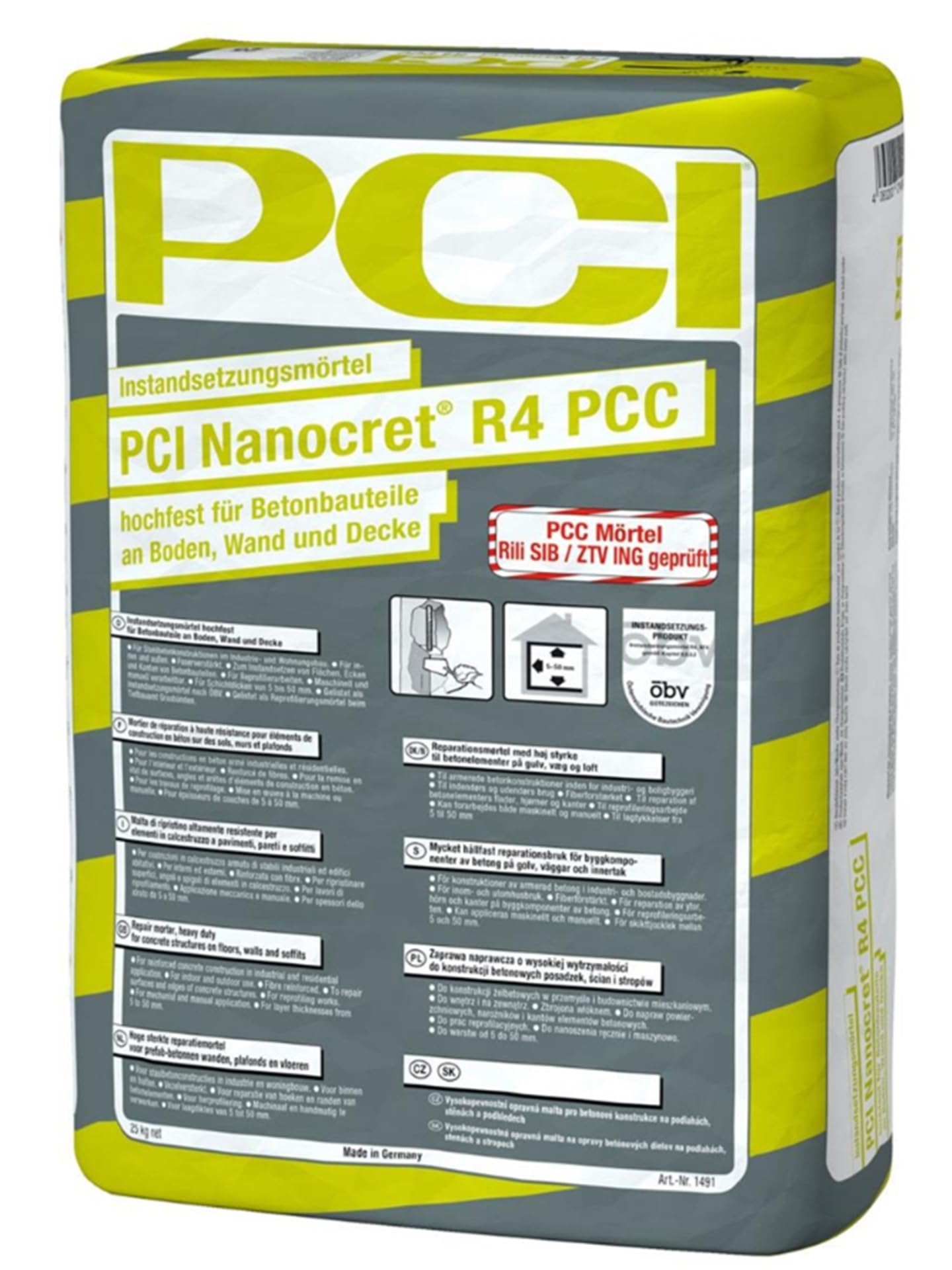 PCI NANOCRET R4 PCC 25 kg Hochfester Instandsetzungsmörtel Für Betonbauteile an Boden, Wand und Decke Sika