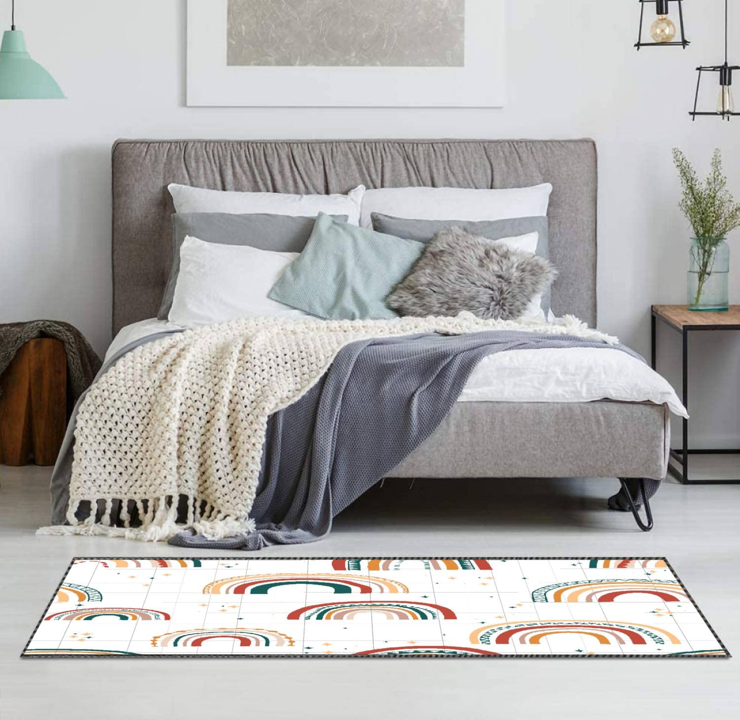 Kids Area Rugs Boho Rainbow mid Century Modern Seamless Pattern Textile 3D Rugs for Playroom Bedroom Classroom Decor Yoga Mat Non-Slip Floor Outdoor Mat Carpets for Kids 4x6 ft