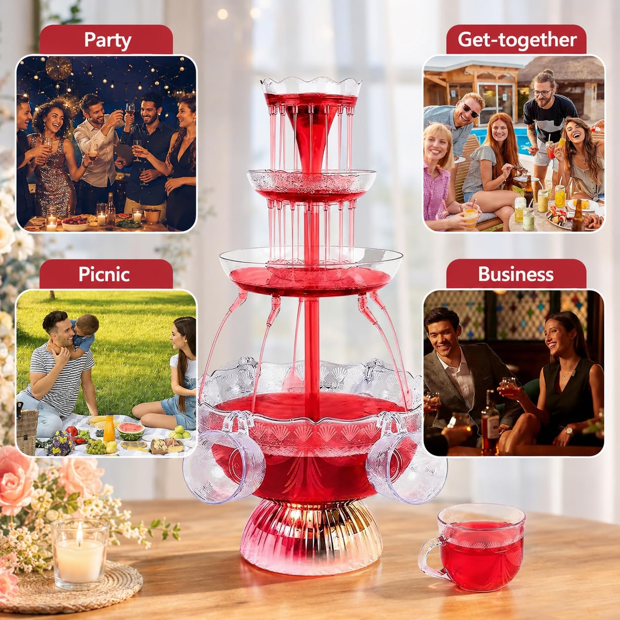 Fontana elettrica per cocktail con base a LED e 5 tazze per champagne, vino, birra e succhi di frutta, per feste e matrimoni