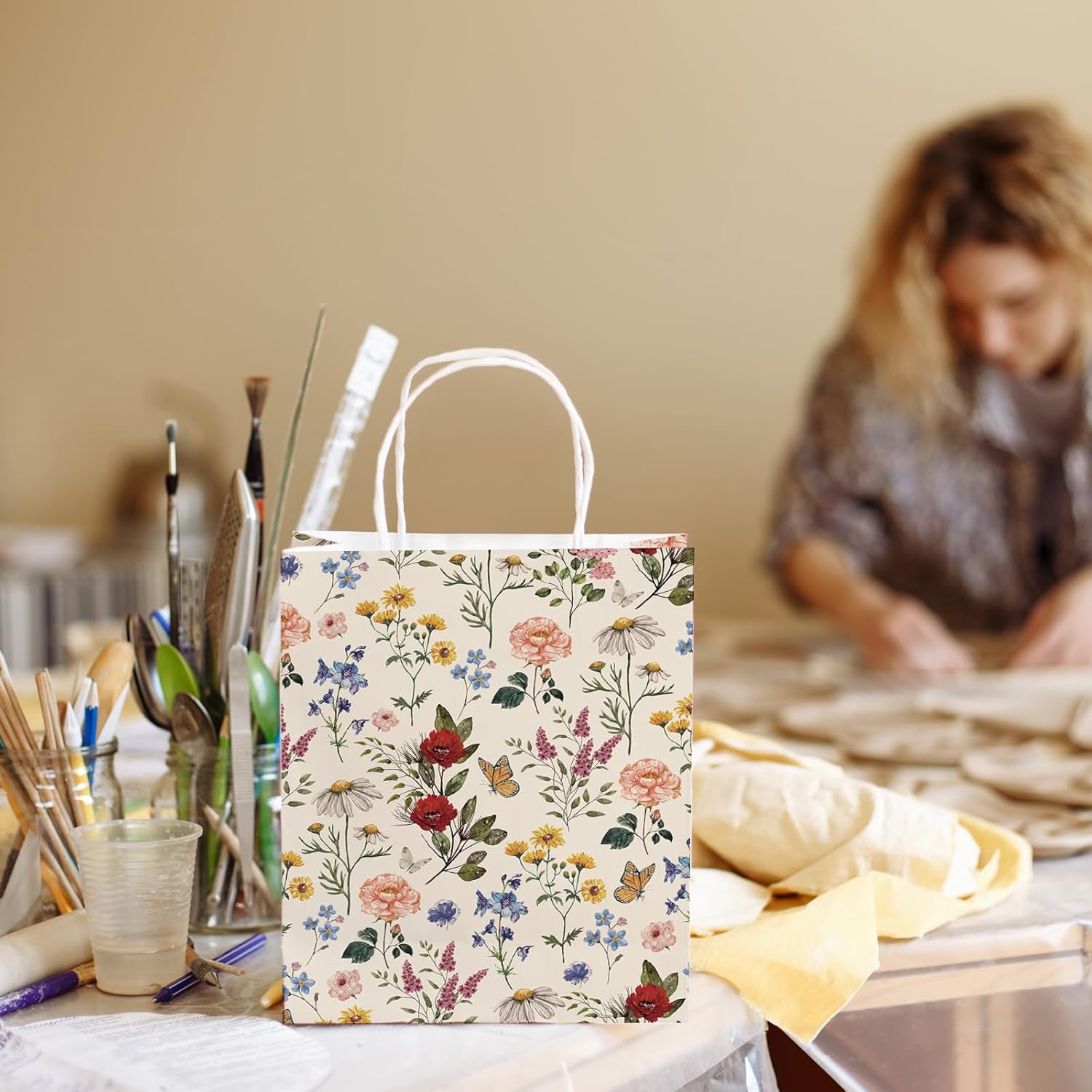 24Pcs Vintage Wildfloral Paper Gift Bags Wildflower Print Treat Bags with Handles Grocery Shopping Bag Candy Goodie Bag for Fall Baby Shower Wedding Party Supplies - Image 5