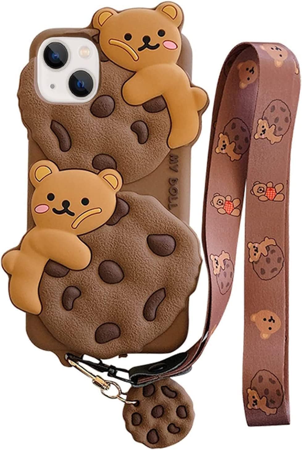 Yatchen Bear Case for iPhone 15 Pro Max,Cute Cookie Bear Kawaii Phone Cases 3D Cartoon Cover with Keychain Strap Lanyard Funny Women Girls Soft Silicone Protector for iPhone 15 Pro Max