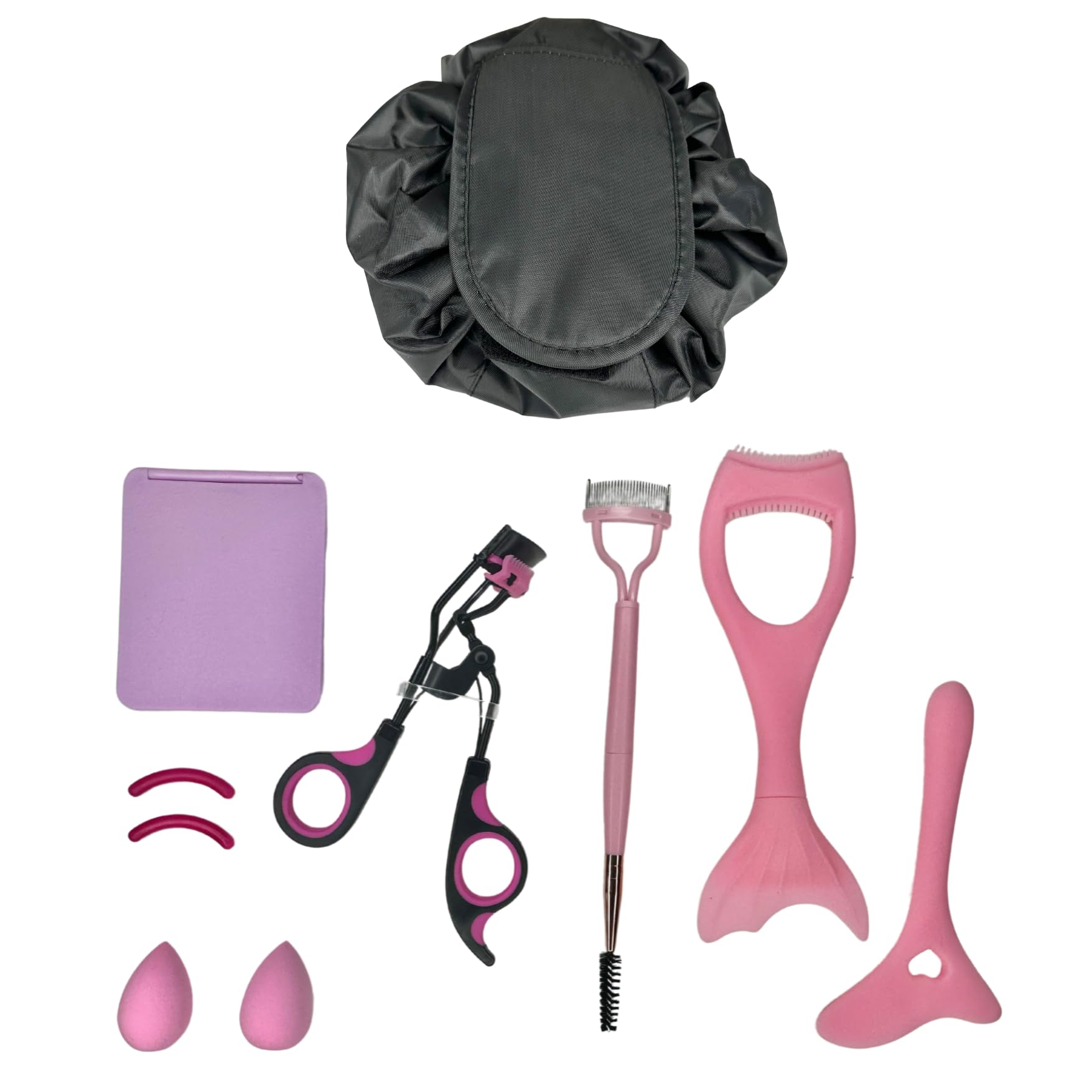 Kit Rizador Pestañas 10 Pcs con Neceser Maquillaje - Separador Cepillo plegable, Espejo, Protección Manchas Rimmel, Guía Delineador, 2 Esponjas Maquillaje y 2 Almohadillas Repuesto Rizador Pestañas.