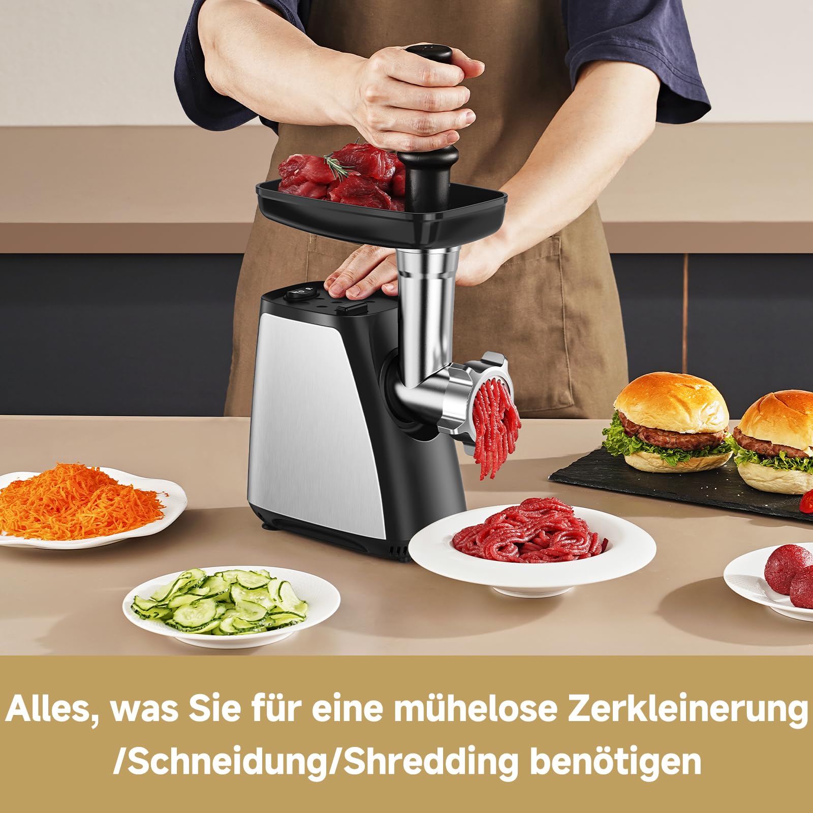 AAOBOSI Fleischwolf, 4-in-1 Elektrischer Fleischwolf [2800 W max] mit 3 Scheiben, Schneidklingen, 2 Klingen, 3 Platten, Wurstfüller, Kubbe-Kit, für den Hausgebrauch, Edelstahl
