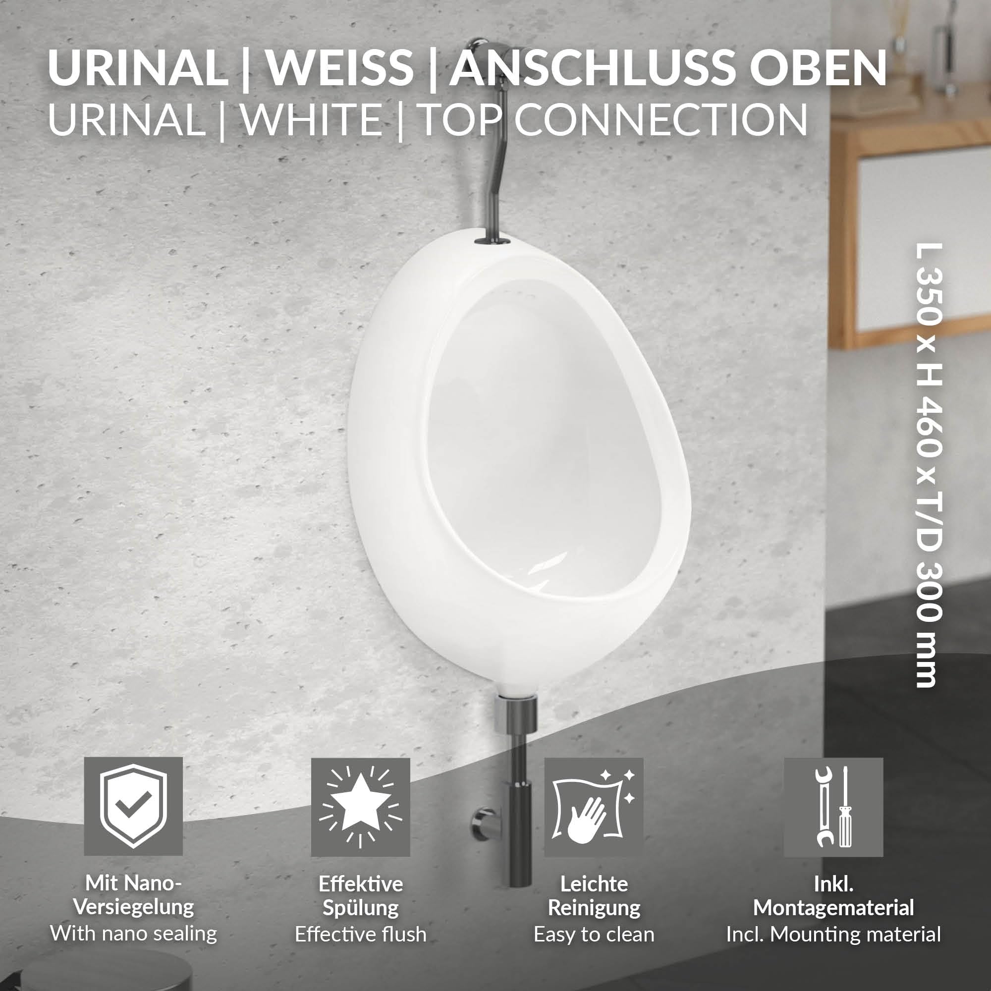 ECD Germany Urinoir Blanc, Entrée d'eau par Le Haut, en Céramique, avec Nano-Vitrification, 35x46x30 cm, Ovale, Bord de Chasse Fermé, Écoulement Vertical, Pissoir Mural Moderne de WC à Aspiration