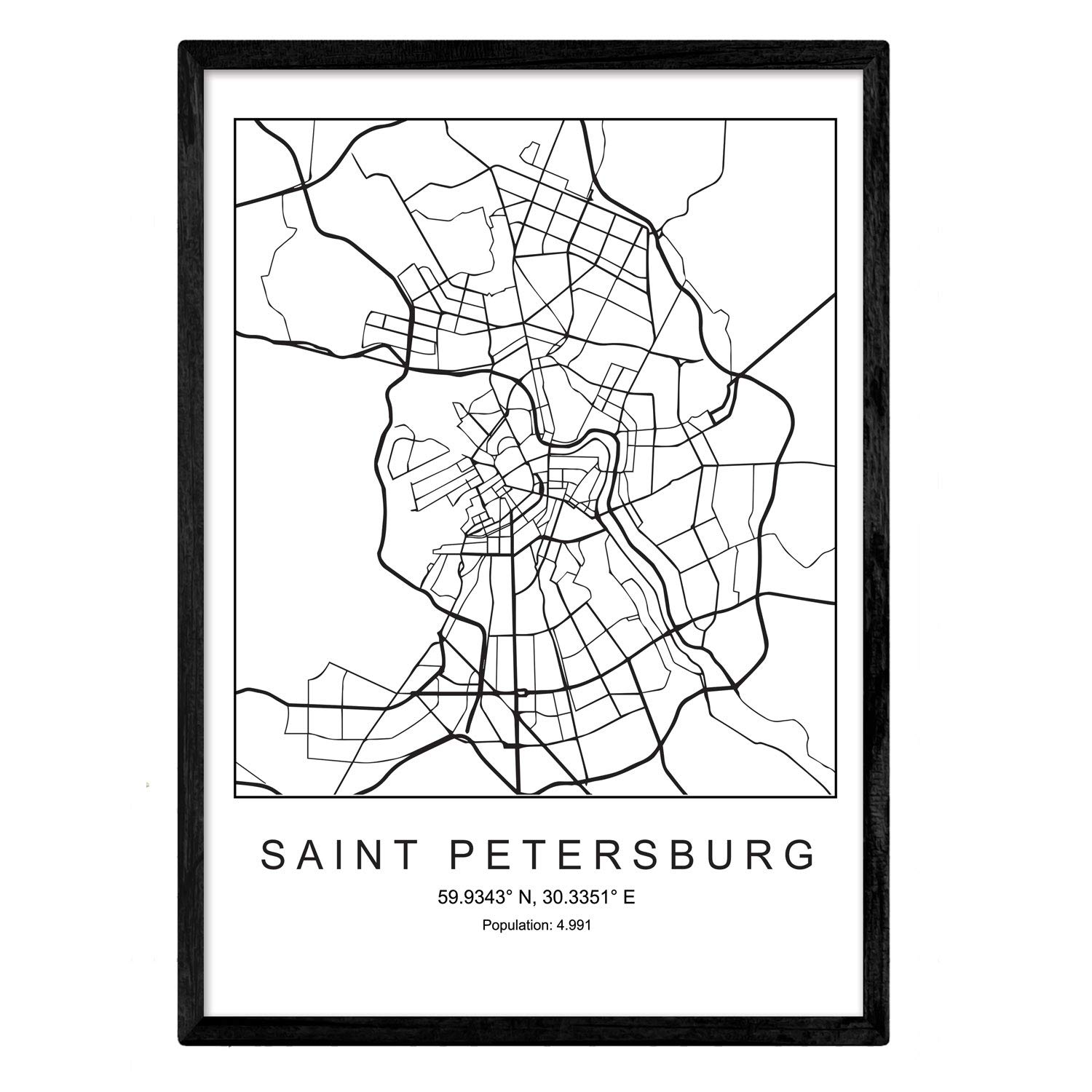 Nacnic Map of the city Saint Petersburg Nordic style in black and white. Poster A3 Size Framed with Black Frame Printed Paper 250 gr. Pictures, sheets and posters for Salon and Bedroom — image 1