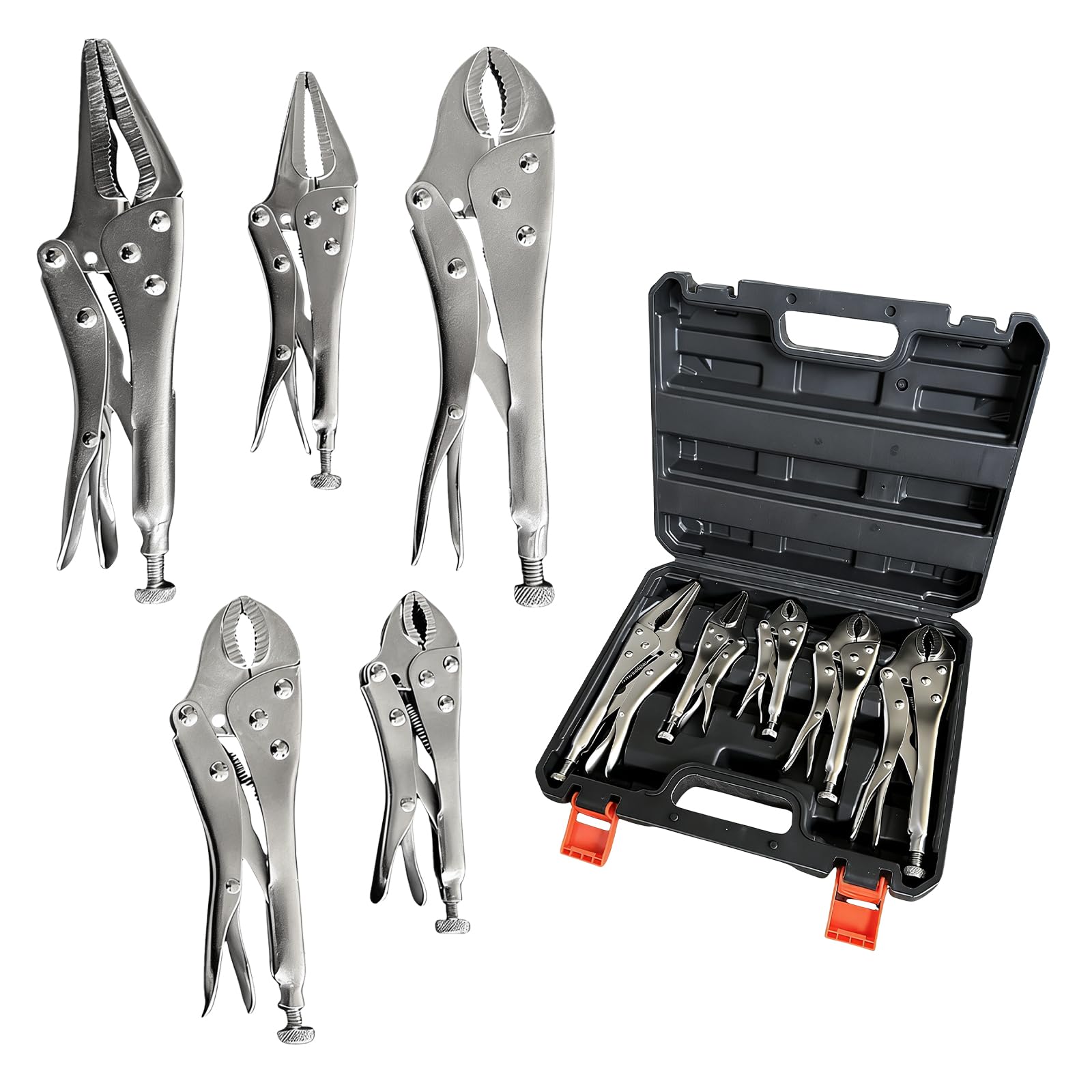Mole Grips Set 5PCS Locking Pliers,Adjustable Vice Grips for Welding Metalwork DIY - 5" 7" 10" Curved Jaw & 7" 9" Long Nose Pliers Set,for DIY Projects,Mechanic and Woodworking