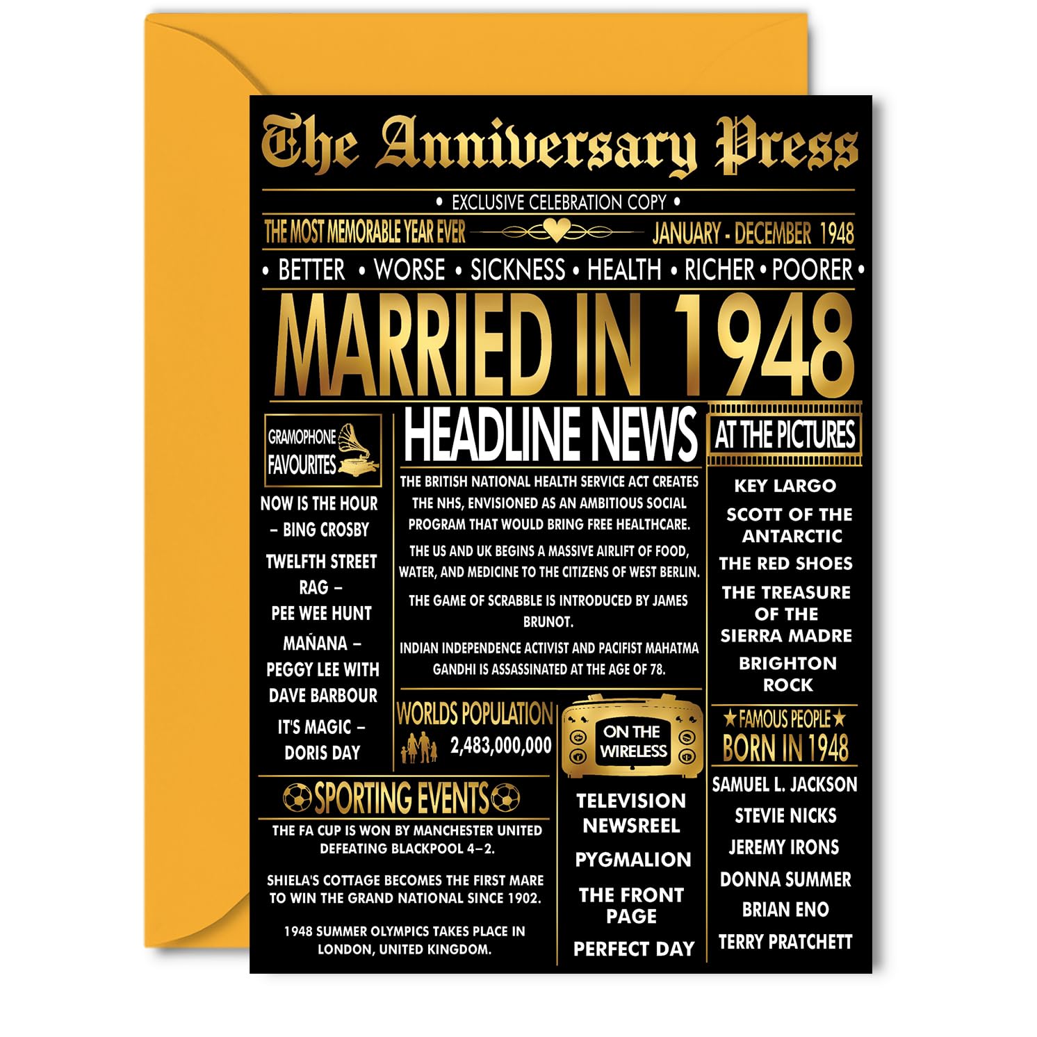 Gold 78th Anniversary Card for Women Men - Golden Newspaper Married in 1948-78 Year Wedding Anniversary Card for Partner Wife Companion Husband, 5x7 Inch Anniversaries Greeting Cards