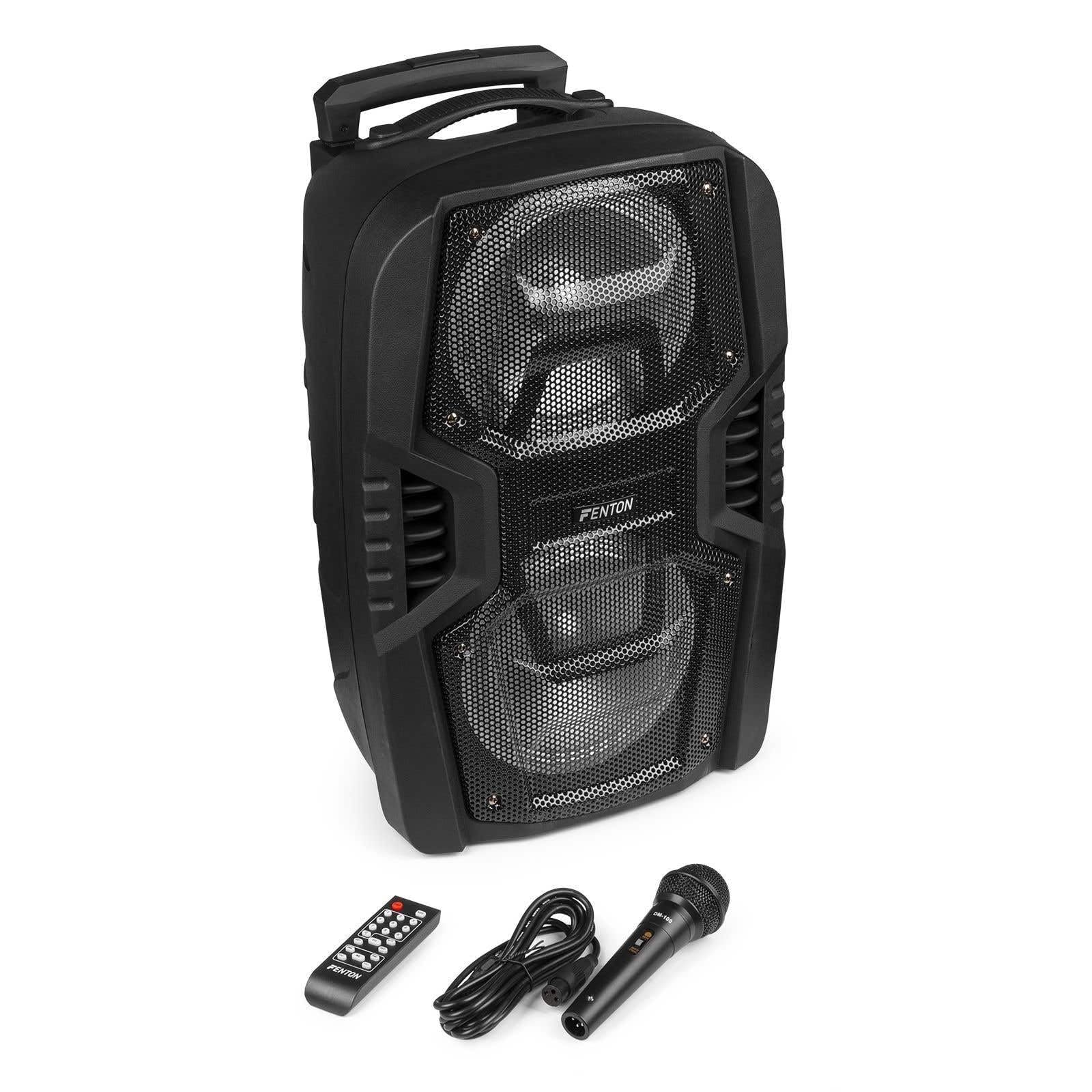 Fenton FT208LED Enceinte Sono Portable Bluetooth avec Batterie 2X 8, Puissance 500W, Enceinte Portable avec roulettes, USB, SD, AUX, Micro Filaire, Eclairage LED, Idéal pour Soirées et Animations
