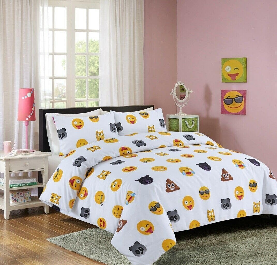 oceanevo® Icon Smiley Duvet Cover with Matching Pillowcases Face Expressions Quilt Polycotton Printed Reversible Children Kids Bedding Set (White, Single)