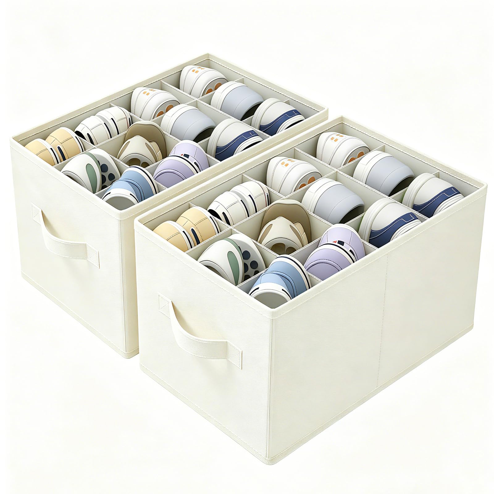 Tryora Shoe Organizer for Closet, 2 Pack Foldable Shoe Storage Containers with Reinforced Handles Shoes Bins Fits up to 24 Pairs, Shoe Storage Organiser Boxes for Wardrobe, Beige
