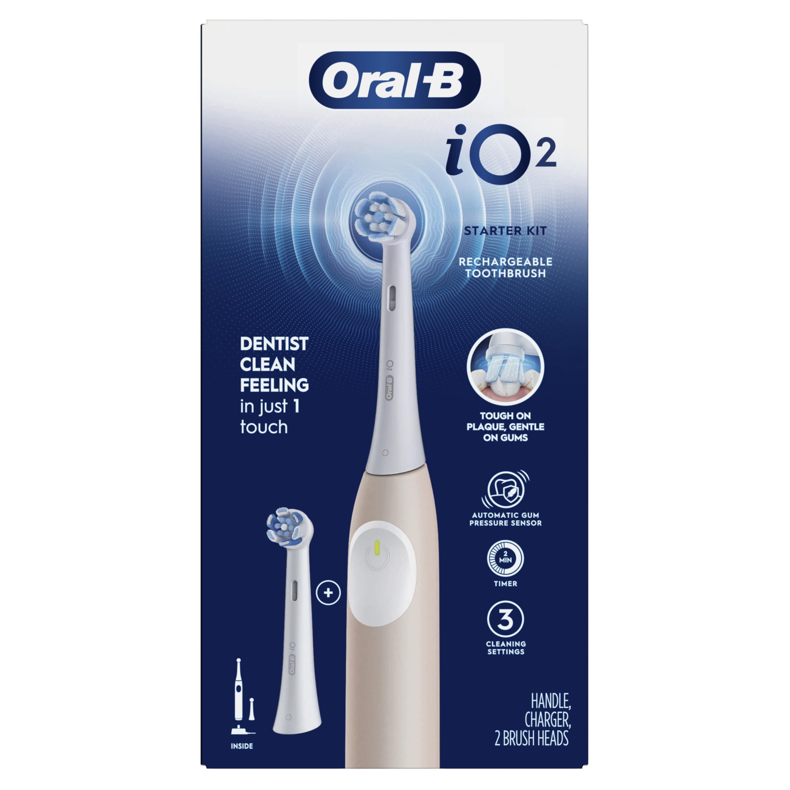 Oral-B iO Series 2 - Kit de inicio de cepillo de dientes eléctrico recargable, melocotón con 2 cabezales de cepillo, sensor de presión automático para proteger las encías, 3 modos, temporizador de 2