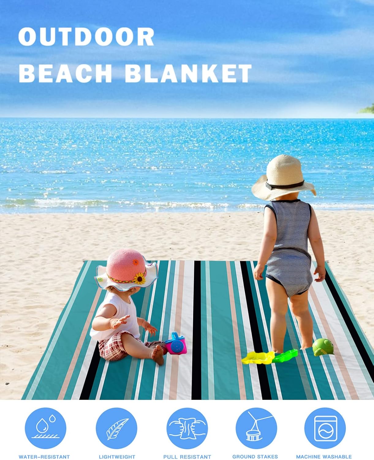 Geometric Vertical Stripes Beach Blanket Waterproof Sandproof Outdoor Picnic Mat 118"x108" Blue Teal White Abstract Art Line Lightweight Large Beaach Blankets with 4 Stake & 4 Corner Pockets