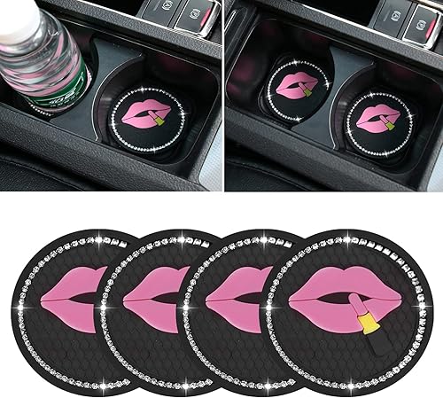 Paquete de 4 posavasos brillantes para automóvil, de 2.75 pulgadas, con diamantes de imitación de cristal, de goma suave, soporte redondo para