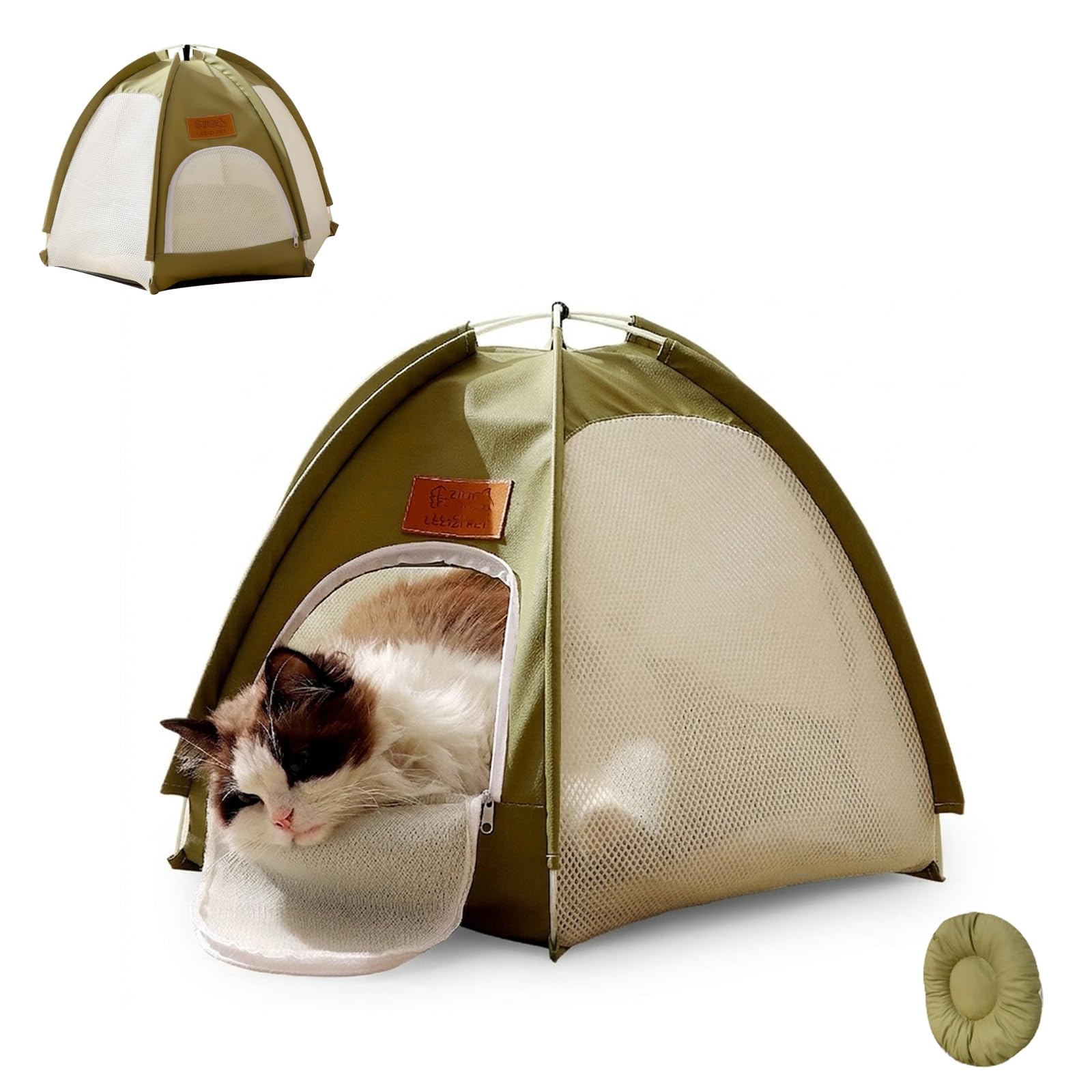 Breathable Cat Tent Bed for Indoor Outdoor, Portable Pop Up Pet Enclosure with Anti-Mosquito Mesh & Secure Zipper Door, Cozy Cave Shelter with Cushion for Cats Small Dogs Summer Travel (Green, L)