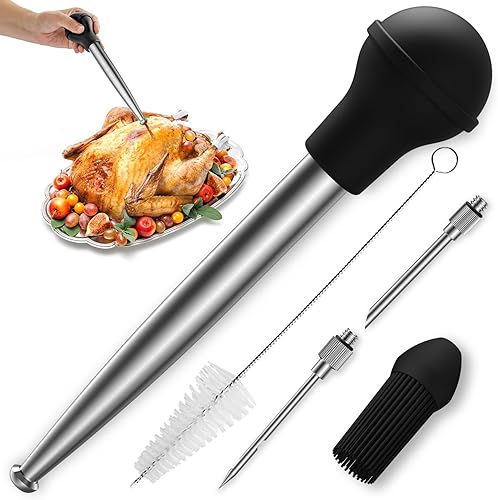 Vondior Baster Baster - Jeringa de pavo de acero inoxidable de grado alimenticio con cepillo para untar barbacoa y 2 agujas inyectoras de adobo y