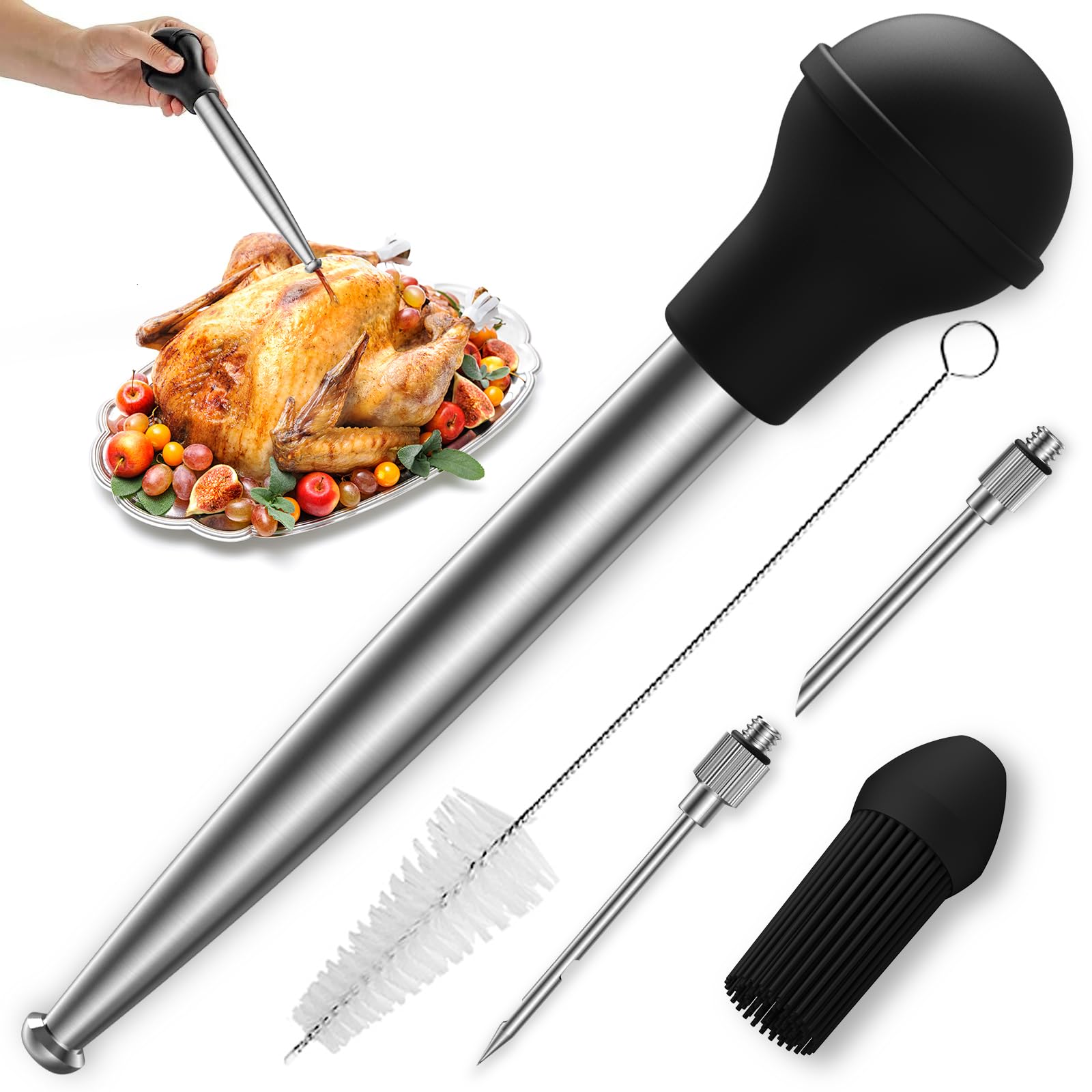 Vondior Turkey Baster for Cooking, Food Grade Stainless Steel Turkey Baster Syringe with Barbecue Basting Brush and 2 Marinade Injector Needles and Cleaning Brush, Black, TB-002