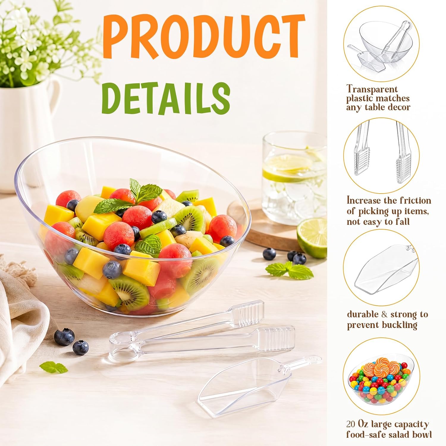 Newtay 20 Oz 6 Candy Bowls with 3 Scoops and 3 Tongs, Large Clear Plastic Dessert Bowls Angled Hard Candy Buffet Containers Set for Chip Snacks Popcorn Appetizers Buffets Bar Birthday Party Supplies