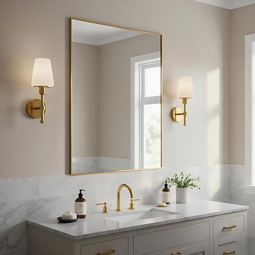 Miniatura 219 de Espejo de baño dorado naranja de 30 x 30 pulgadas para pared, espejo rectangular rectangular con marco de aluminio, moderno grande para dormitorio